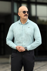 Turbo Vintage Patterend Long Sleeve Cotton Casual Shirt In Cyan