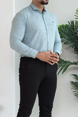 Turbo Vintage Patterend Long Sleeve Cotton Casual Shirt In Cyan