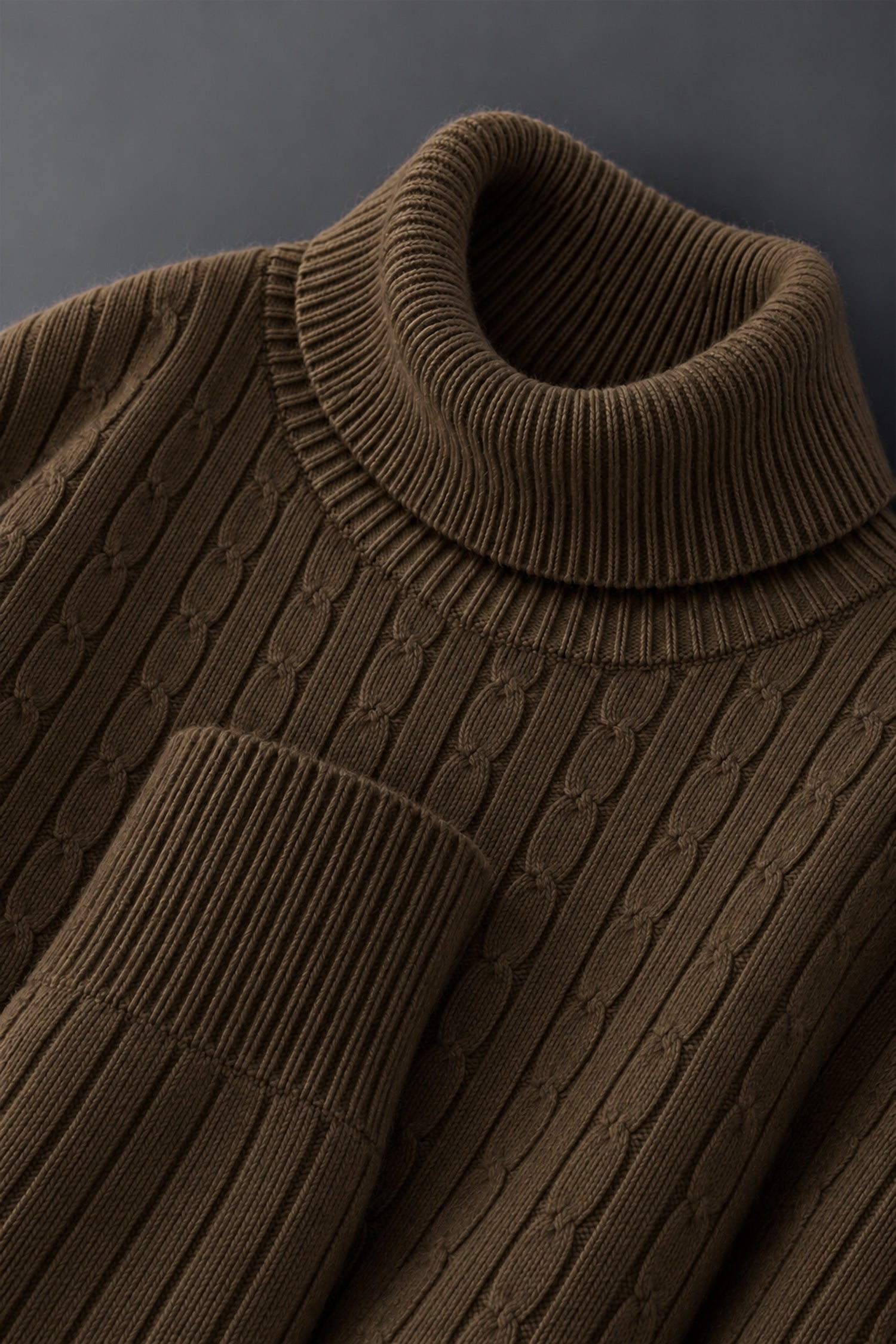 Turbo Cable-Knit Texture Turtleneck Pullover Imported High Neck In Coffee