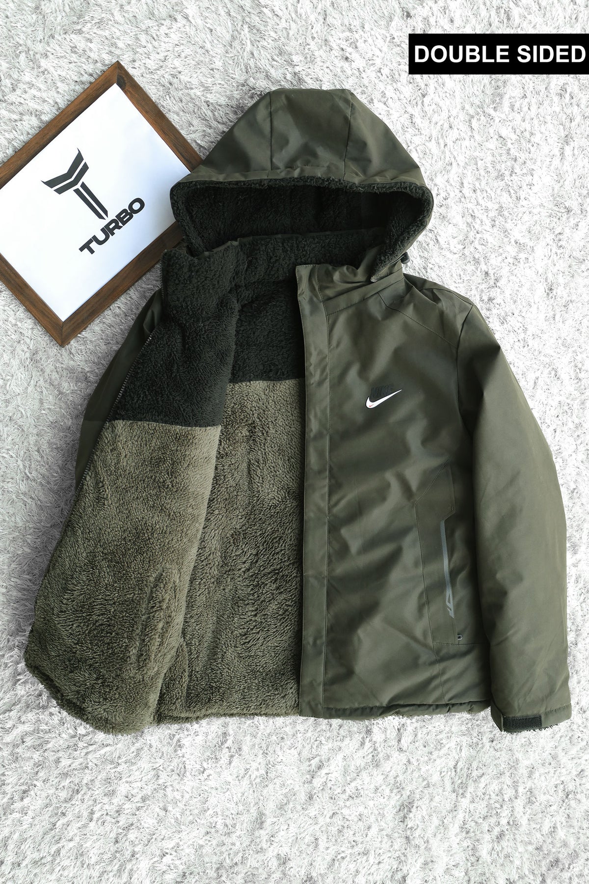 Nke Fur Inside Double Sided Imported Puffer Jacket In Dark Green