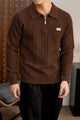 Armni Fine-Knit Collared Zipper Imported Men's Jumper Sweater In Dark Brown