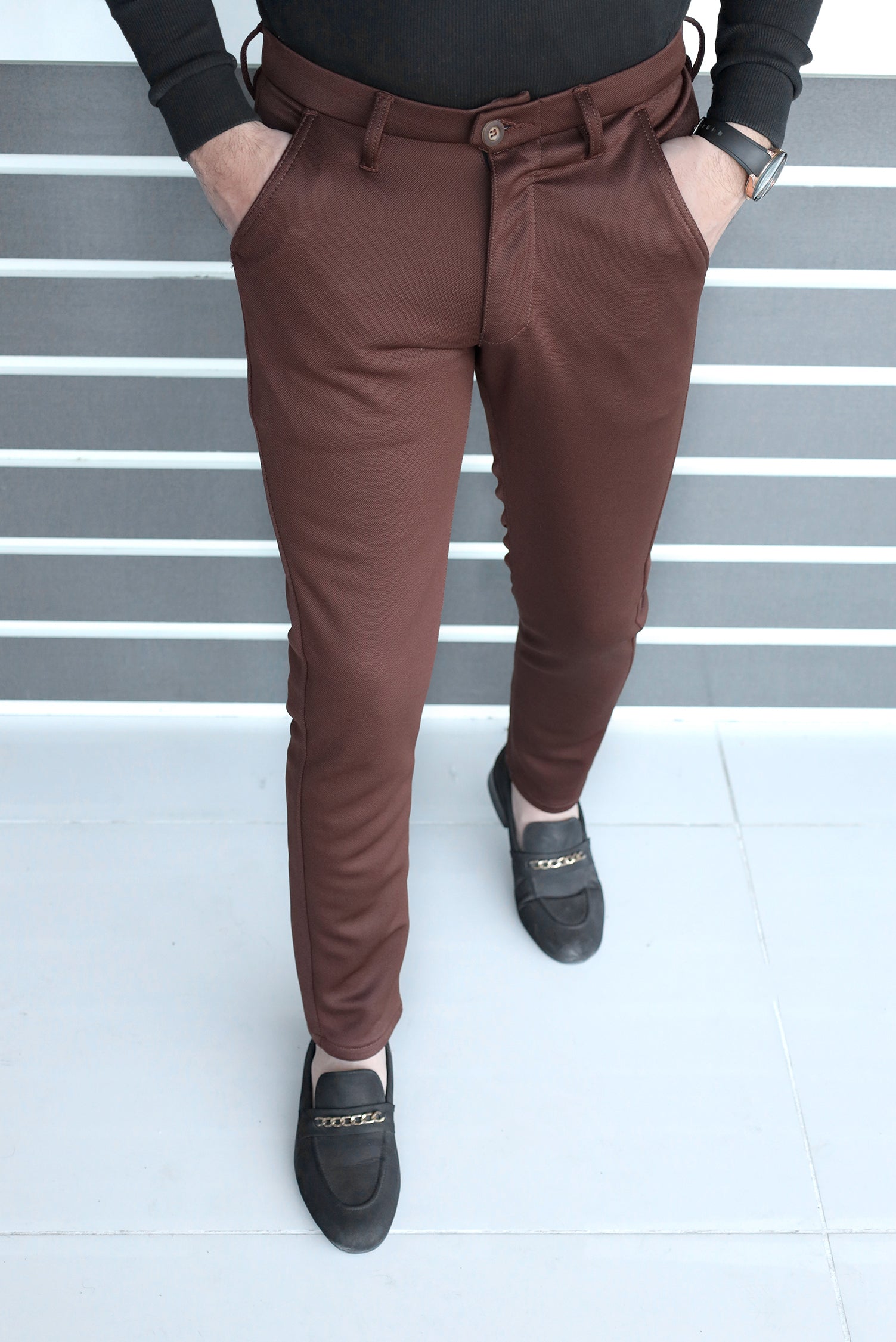 Elegant Self Texture Knitted Cotton Ankle fit Pant In Dark Brown