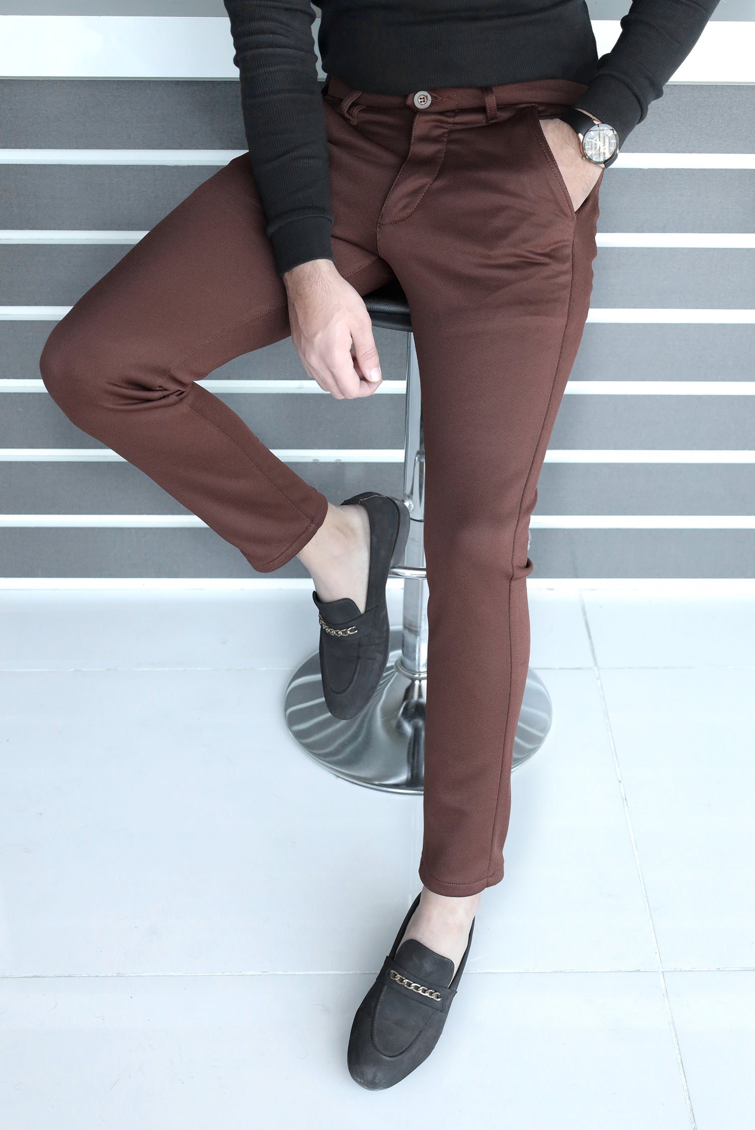 Elegant Self Texture Knitted Cotton Ankle fit Pant In Dark Brown