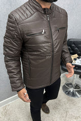 Self Textured Zipper Pockets Men's Imported Suede Leather Jacket In Coffee