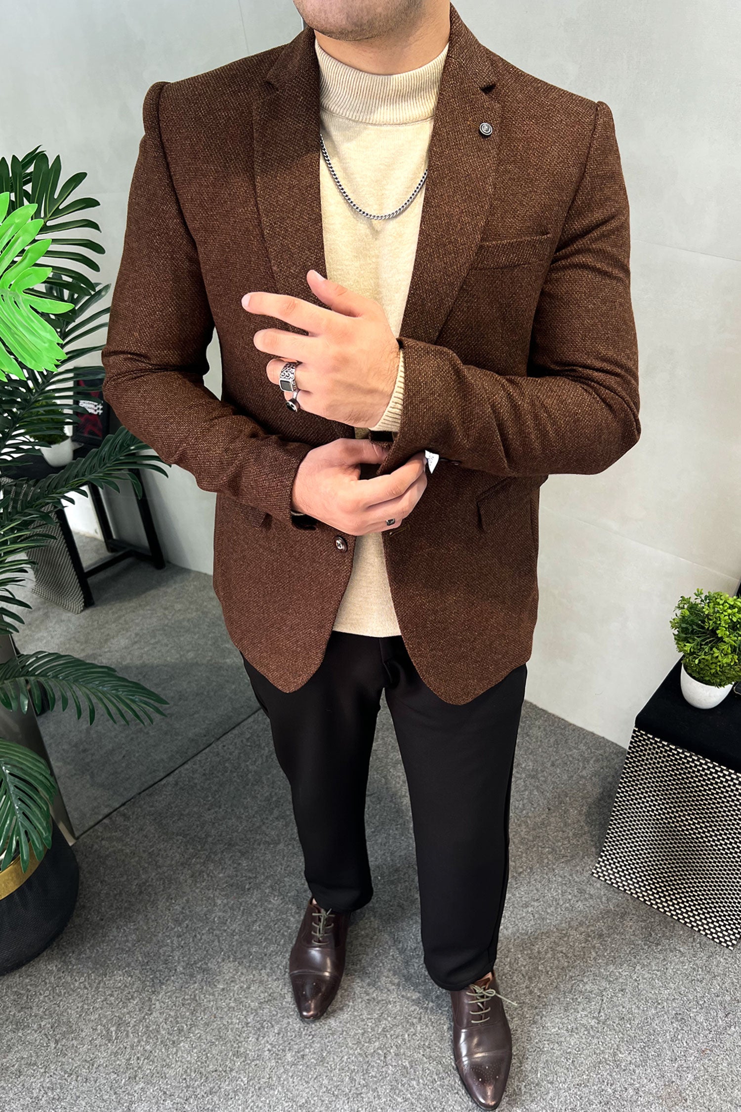 Turbo Sophisticated Matte Texture Imported Men Blazer In Dark Brown