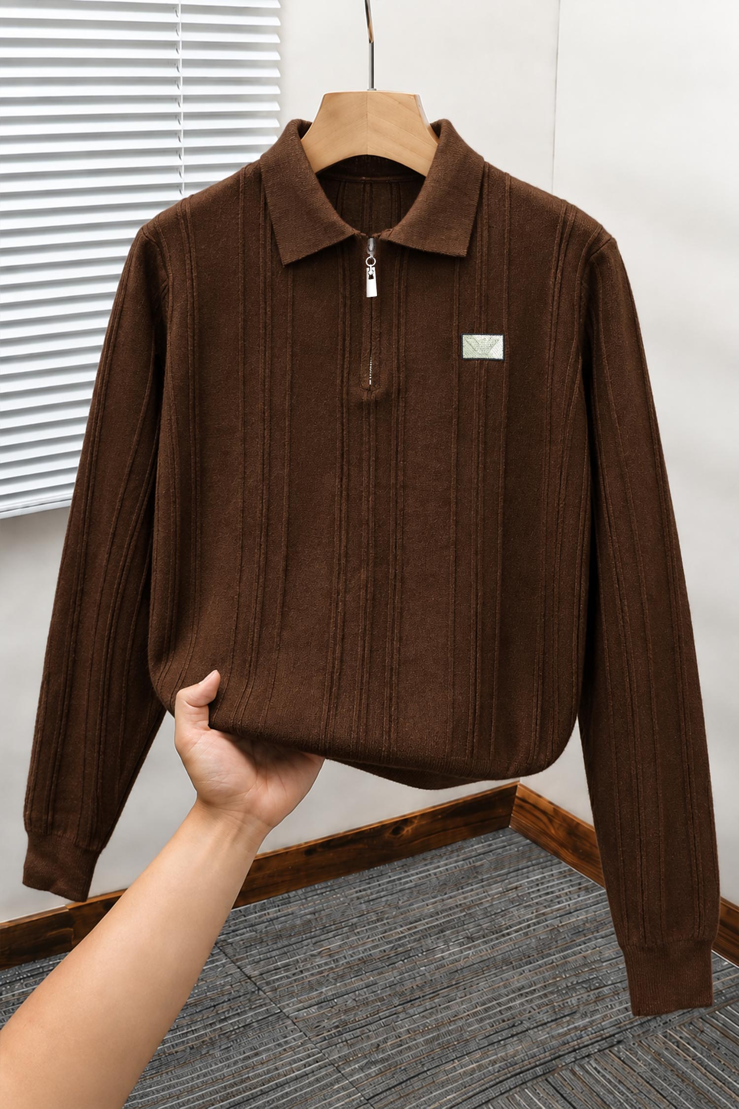 Armni Fine-Knit Collared Zipper Imported Men's Jumper Sweater In Dark Brown