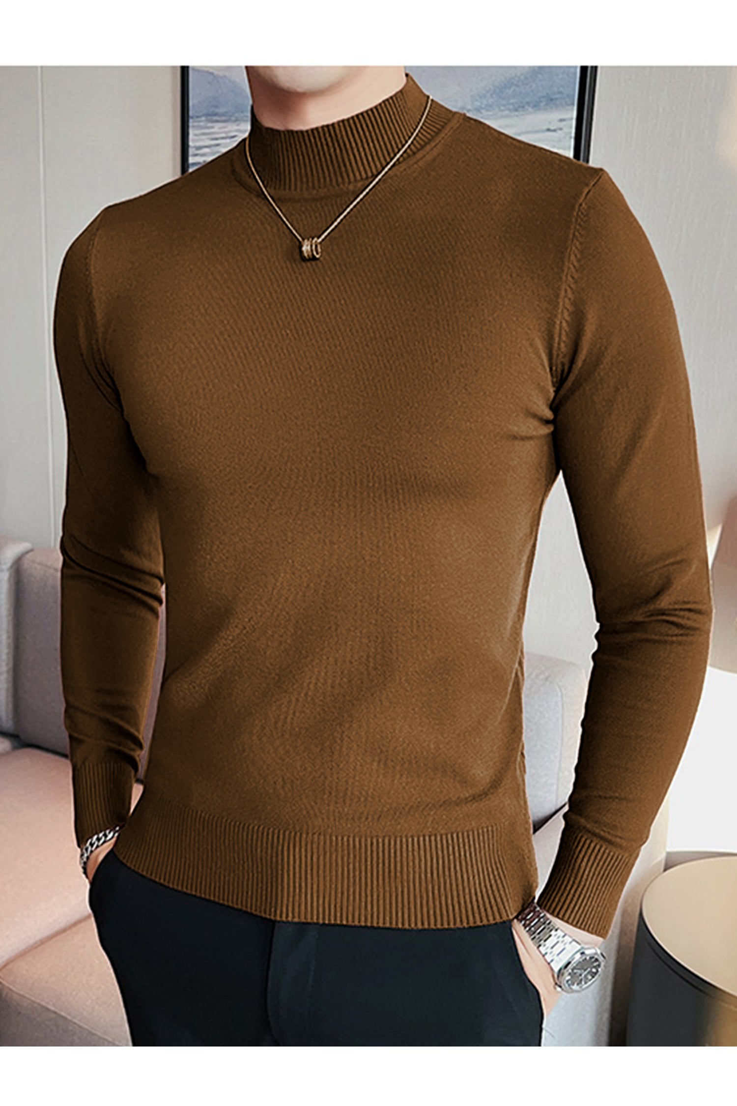 Pure Color Mock Neck Full Sleeves Men's Sweatshirt