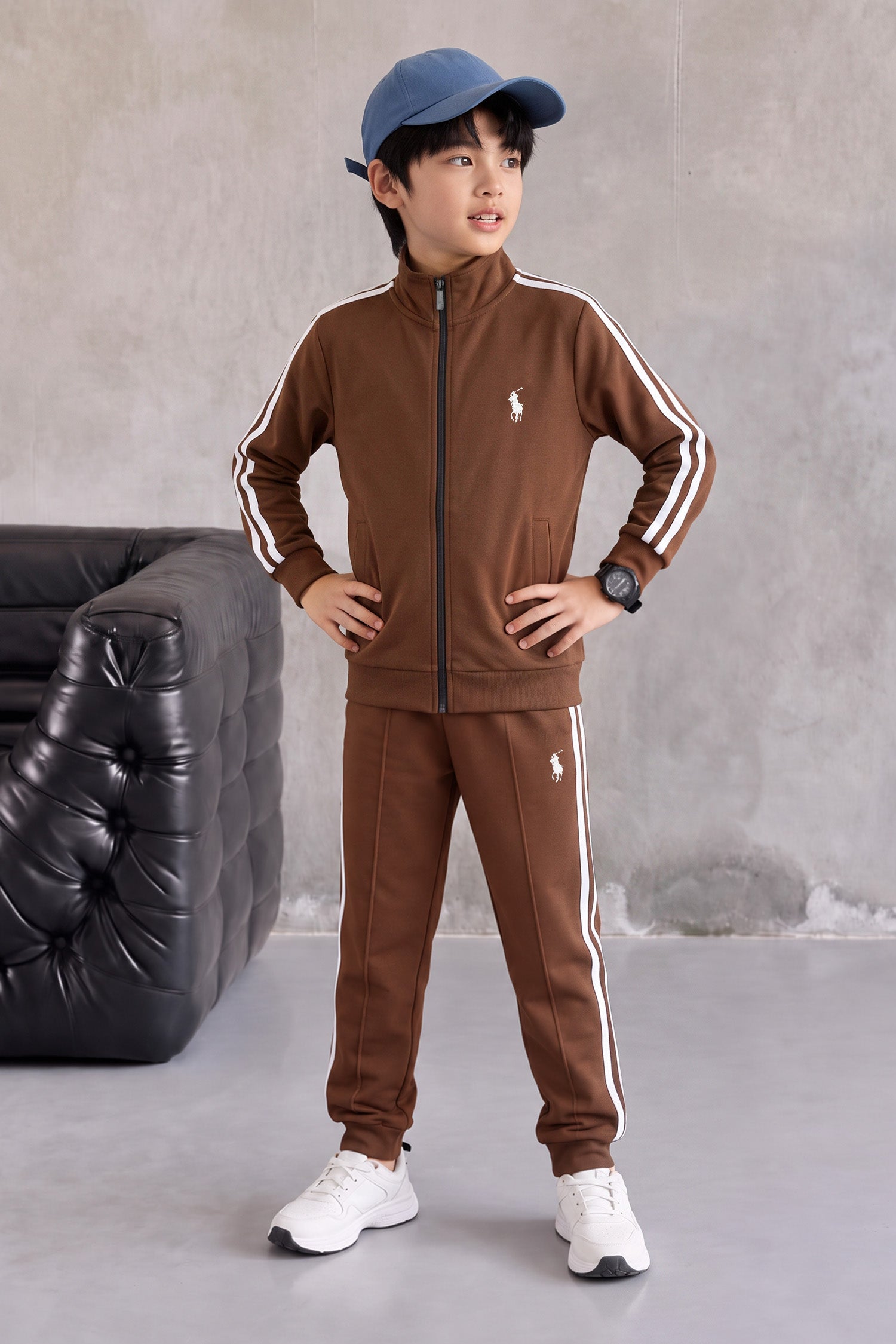 Polo Pony Style Side Stripe Zipper Kid's Co-Ord Set In Dark Brown
