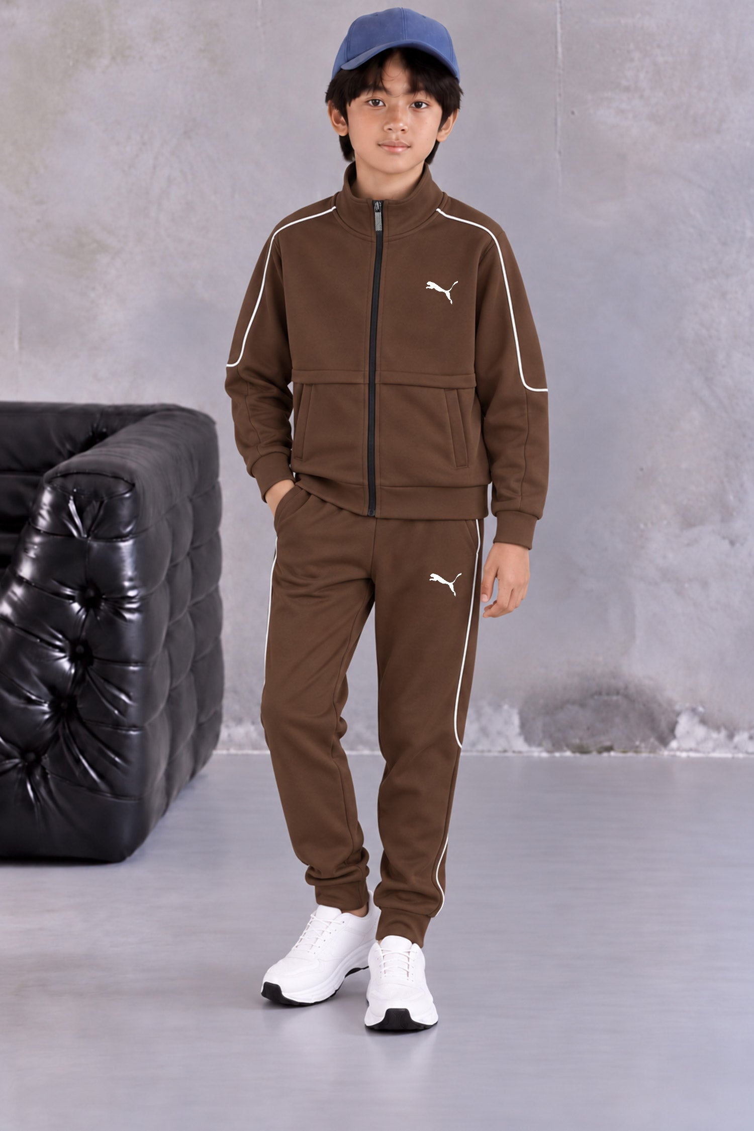 Pma Wind-Runner Zipper Kid's Co-Ord Set In Dark Brown
