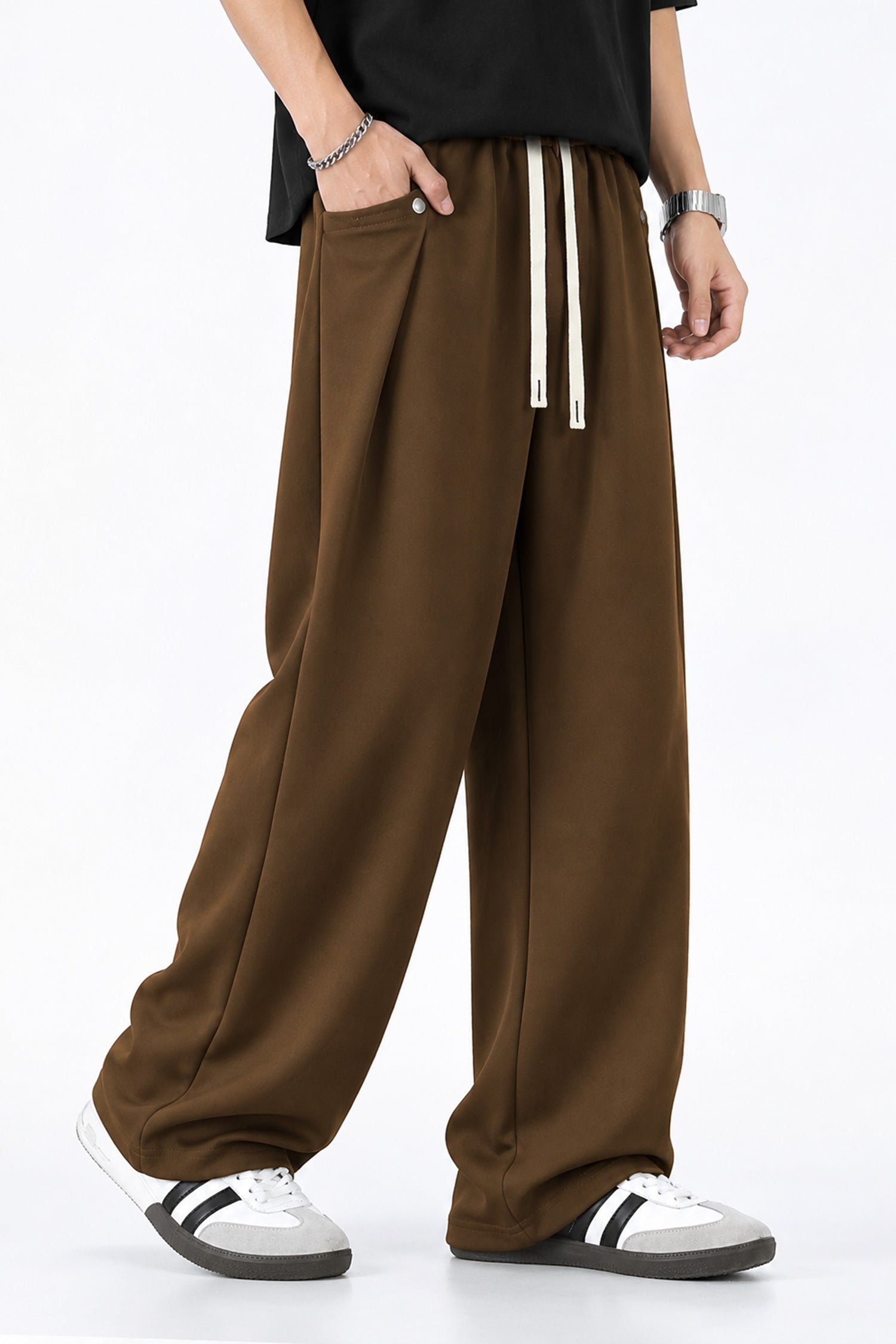 Turbo Drawstring Loose Bottom Trouser In Dark Brown