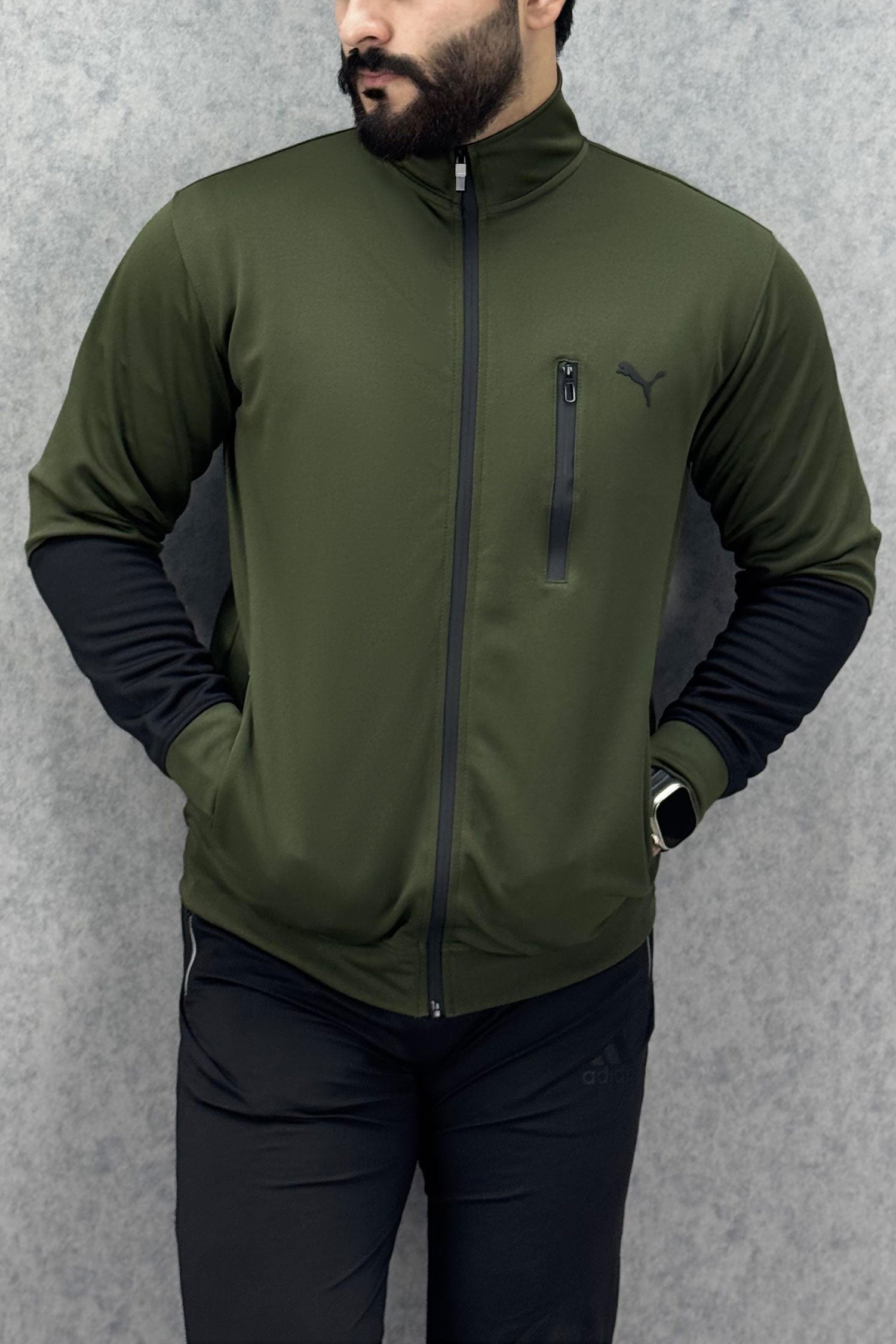 Pma Zipper Style Mock Neck Men Zipper Upper in Dark Green