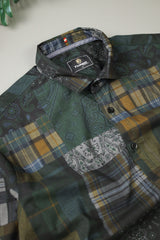 Turbo Checkered Crown Long Sleeve Cotton Casual Shirt In Dark Green