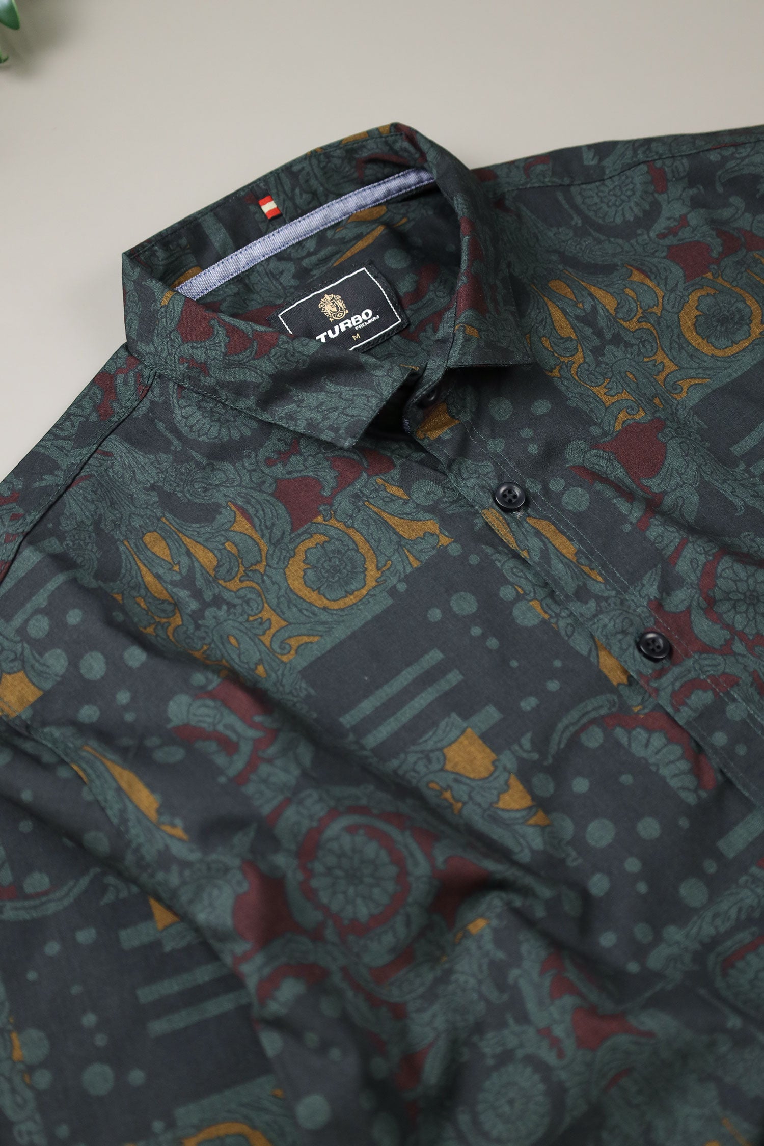 Turbo Retro Flower Motif Long Sleeve Cotton Casual Shirt In Dark Green