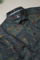 Turbo Retro Flower Motif Long Sleeve Cotton Casual Shirt In Dark Green