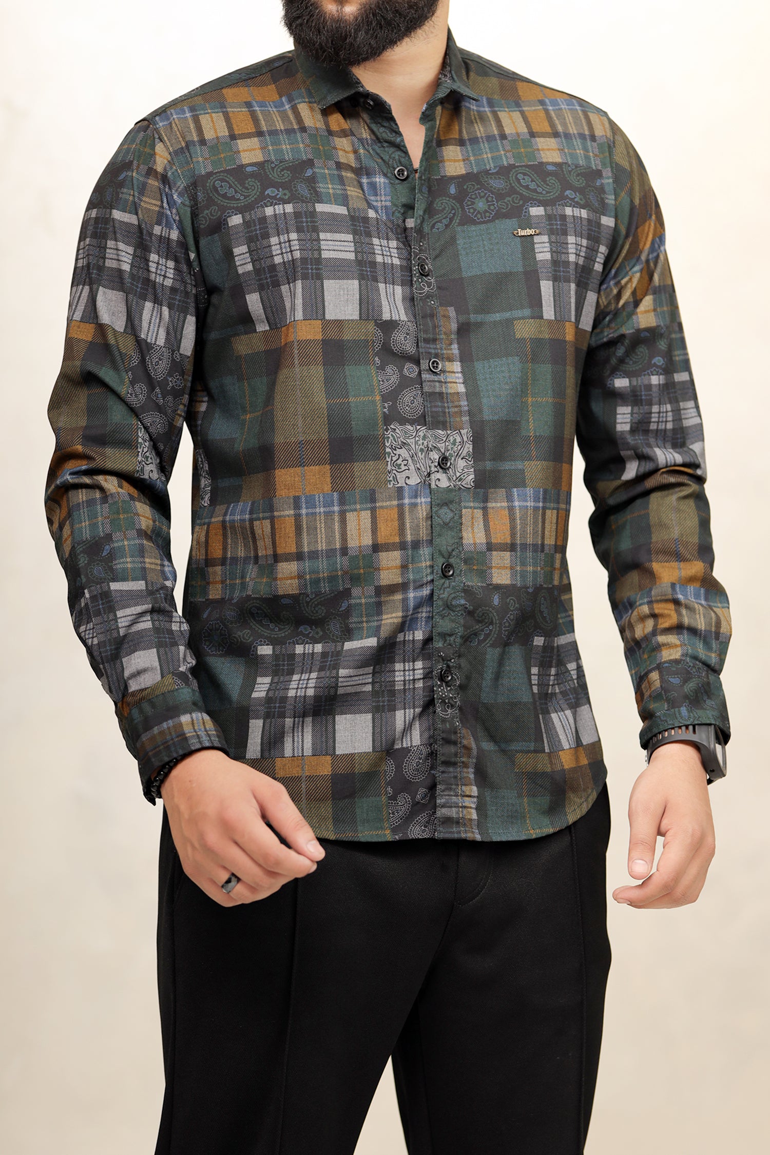 Turbo Checkered Crown Long Sleeve Cotton Casual Shirt
