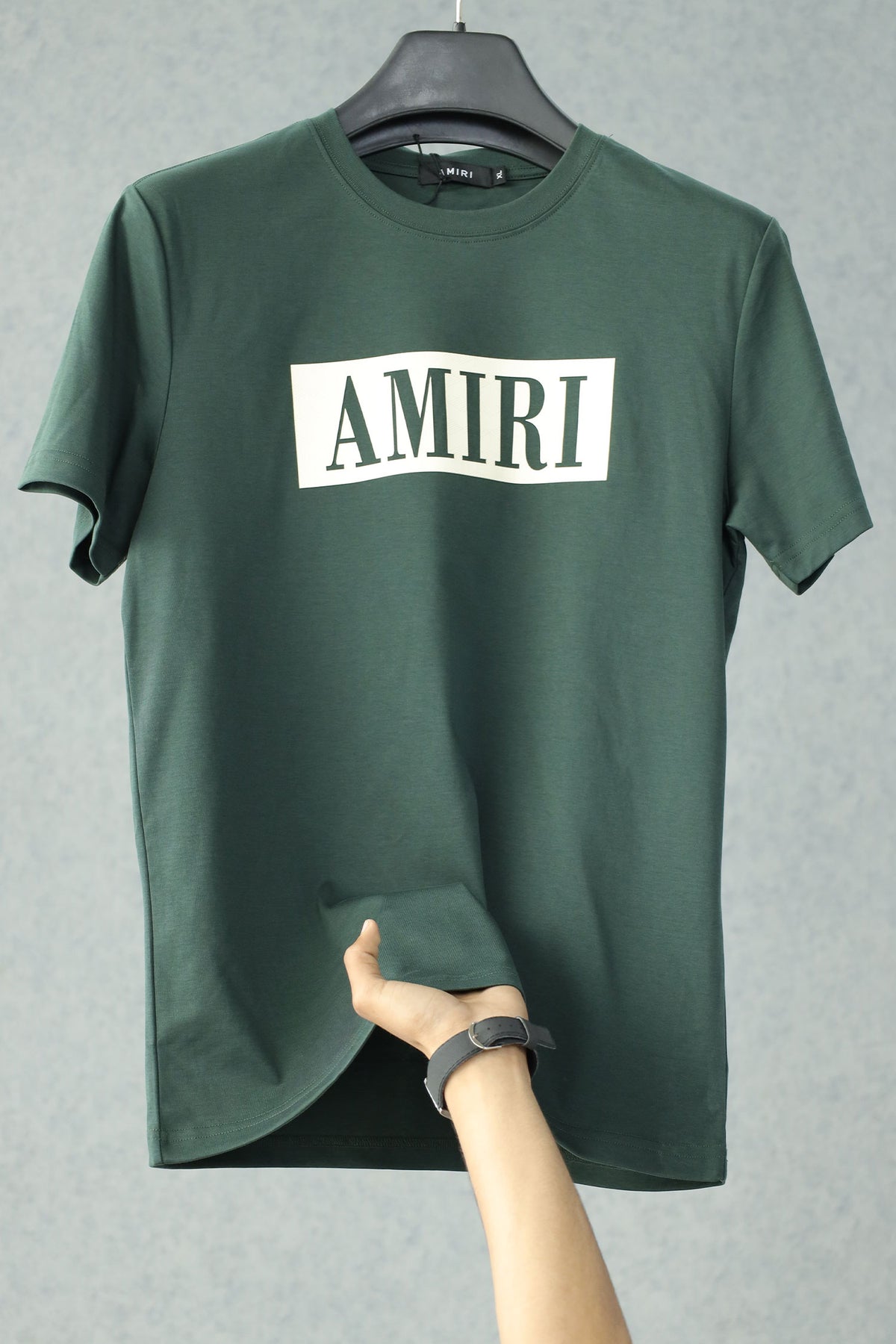 Amri MA Bar Applique Imported Round Neck T-Shirt Dark Green