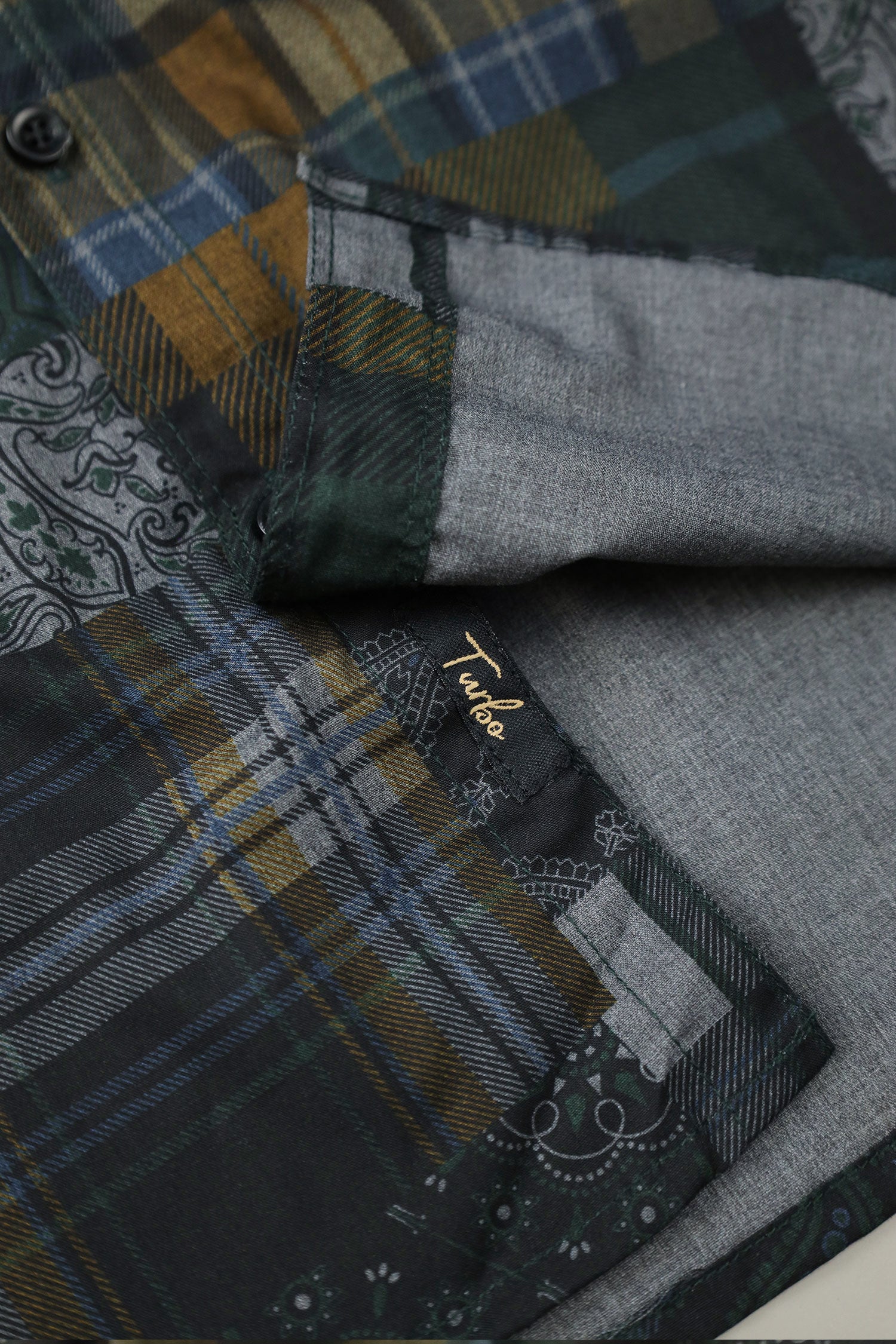 Turbo Checkered Crown Long Sleeve Cotton Casual Shirt In Dark Green