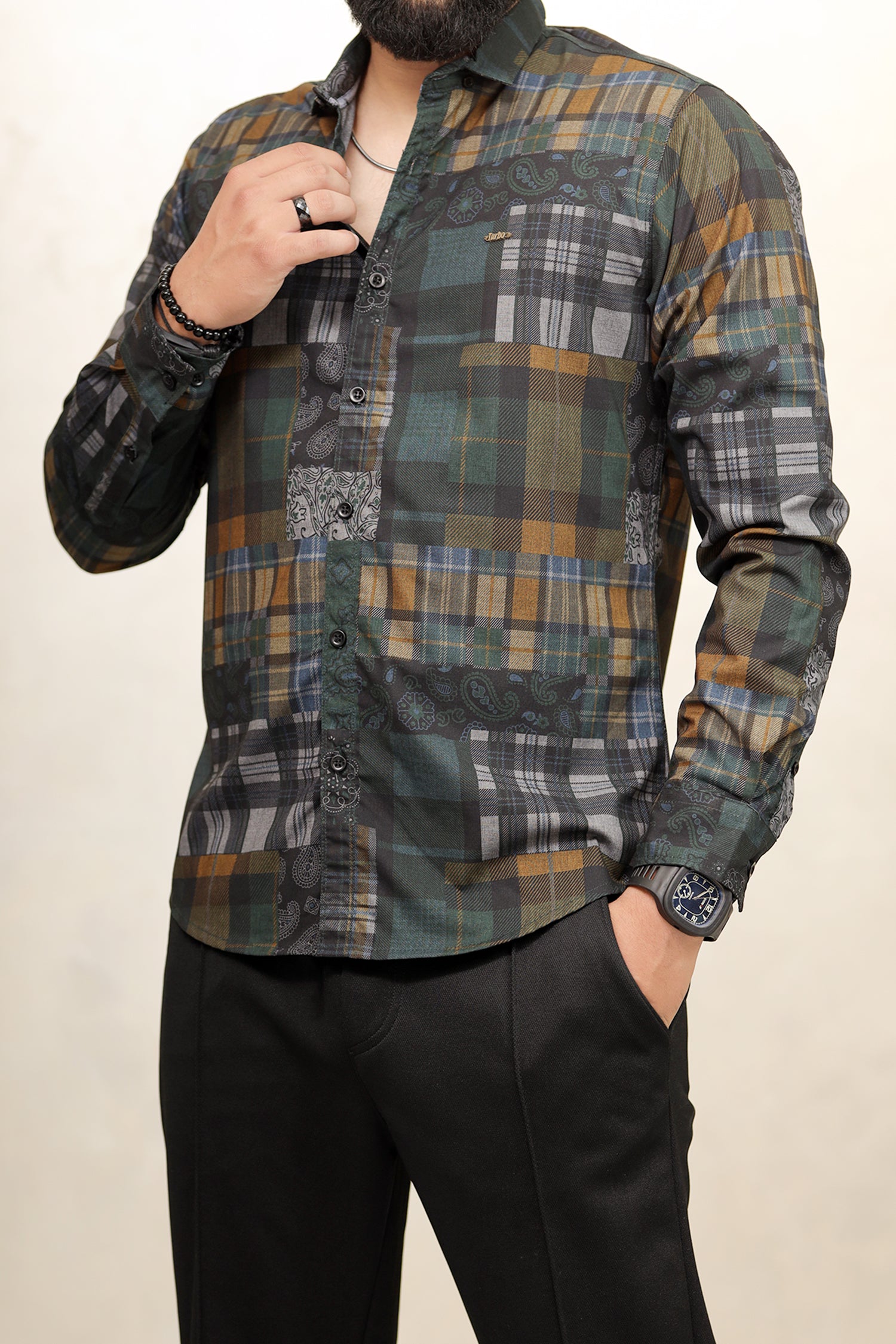 Turbo Checkered Crown Long Sleeve Cotton Casual Shirt