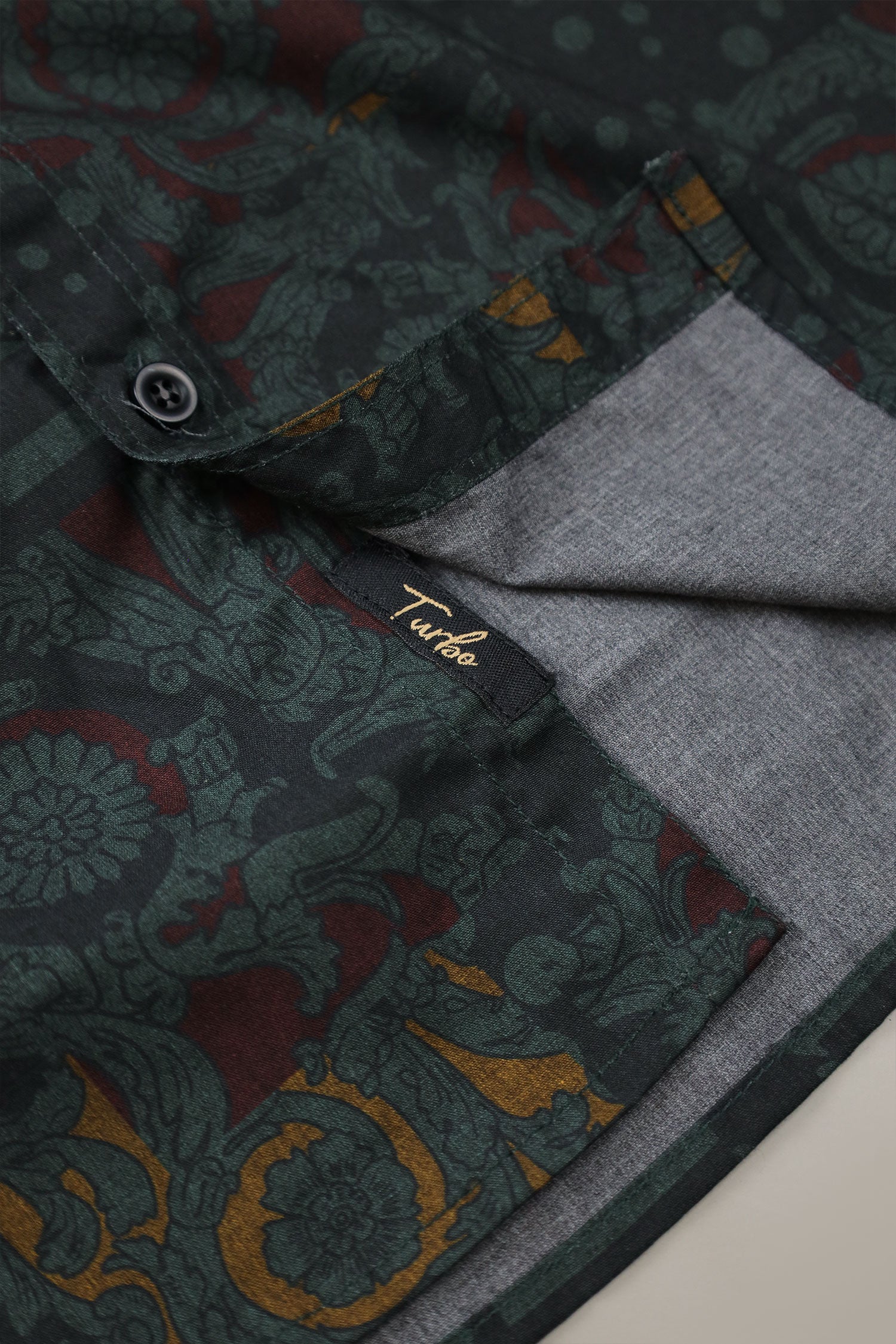 Turbo Retro Flower Motif Long Sleeve Cotton Casual Shirt In Dark Green