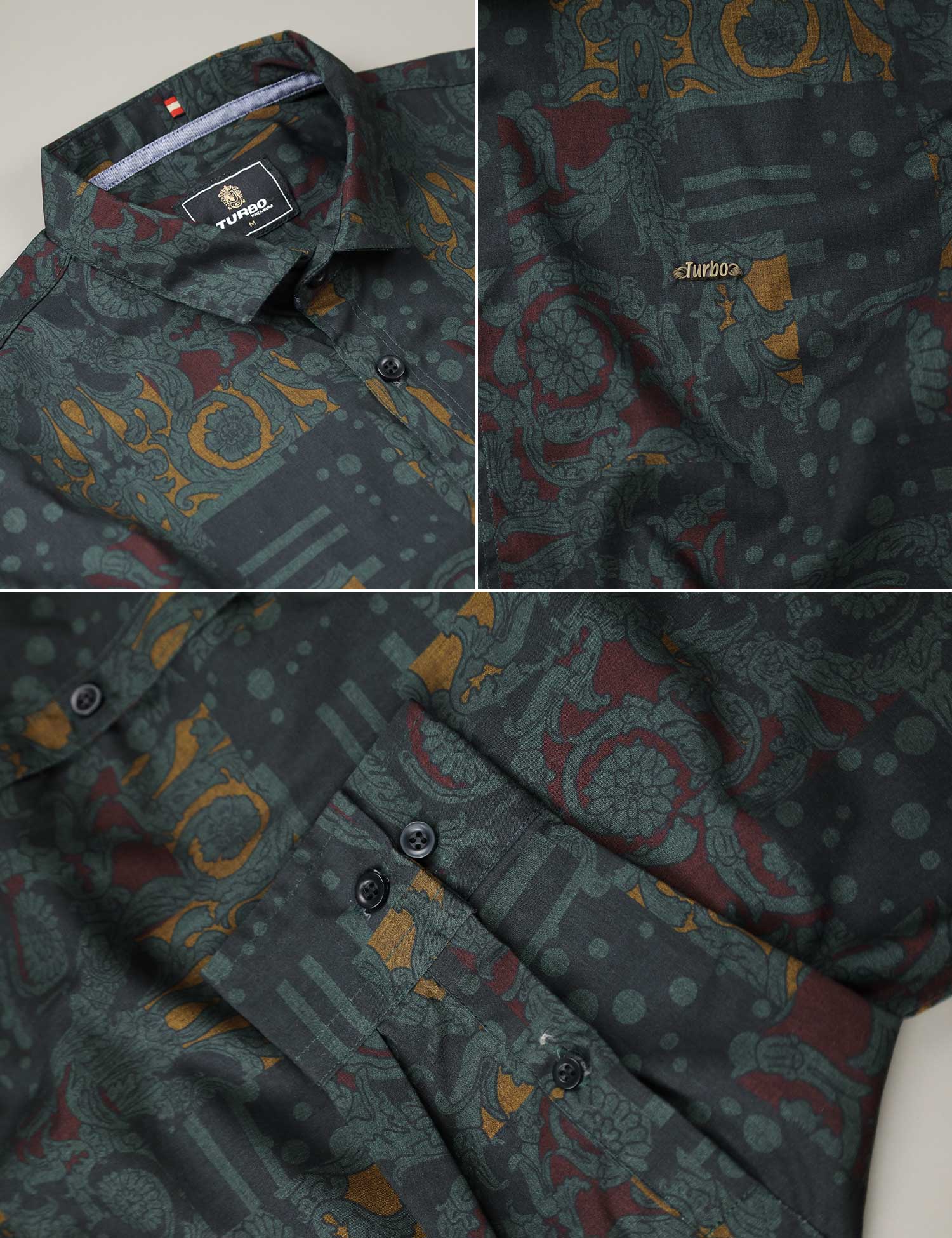 Turbo Retro Flower Motif Long Sleeve Cotton Casual Shirt In Dark Green