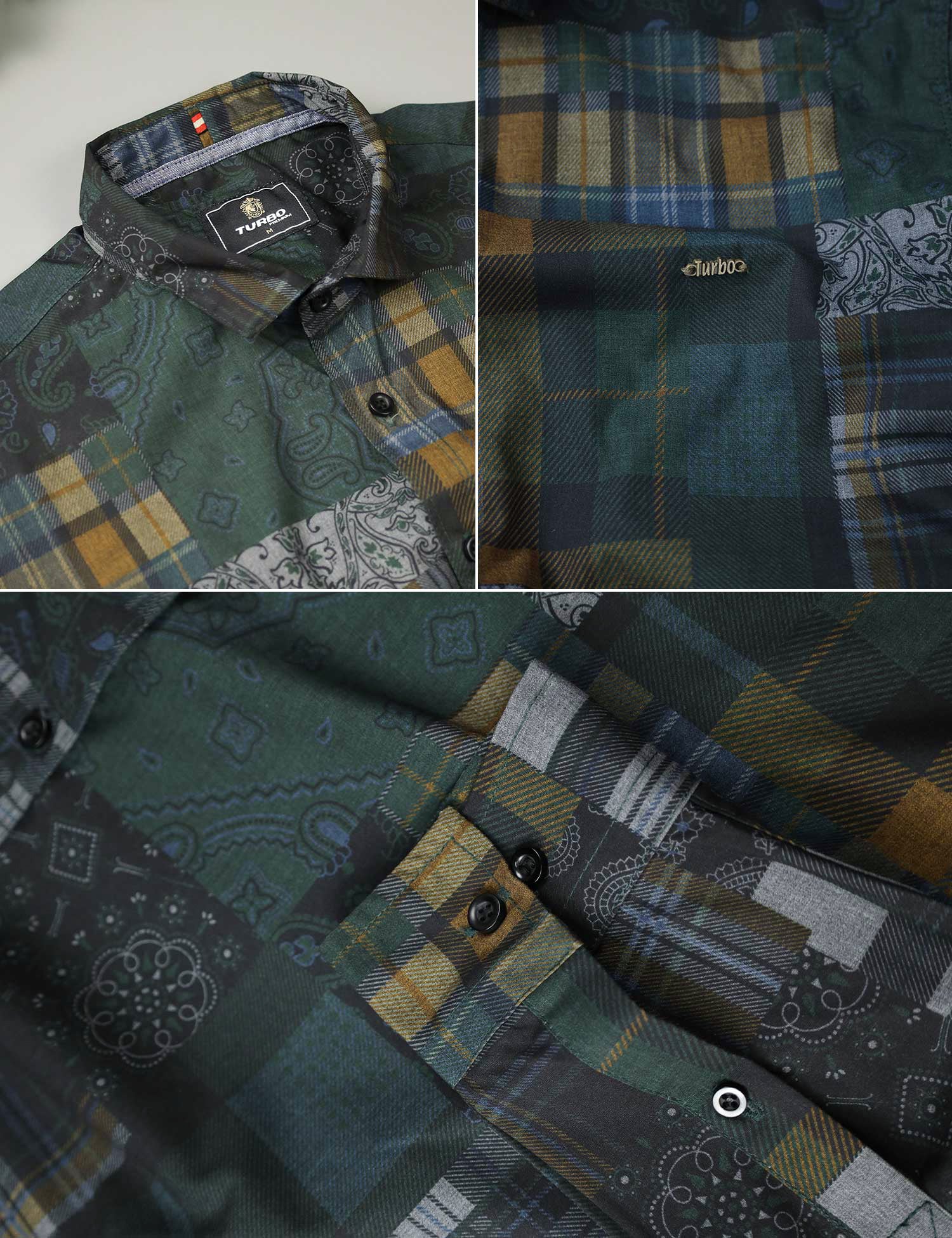 Turbo Checkered Crown Long Sleeve Cotton Casual Shirt In Dark Green