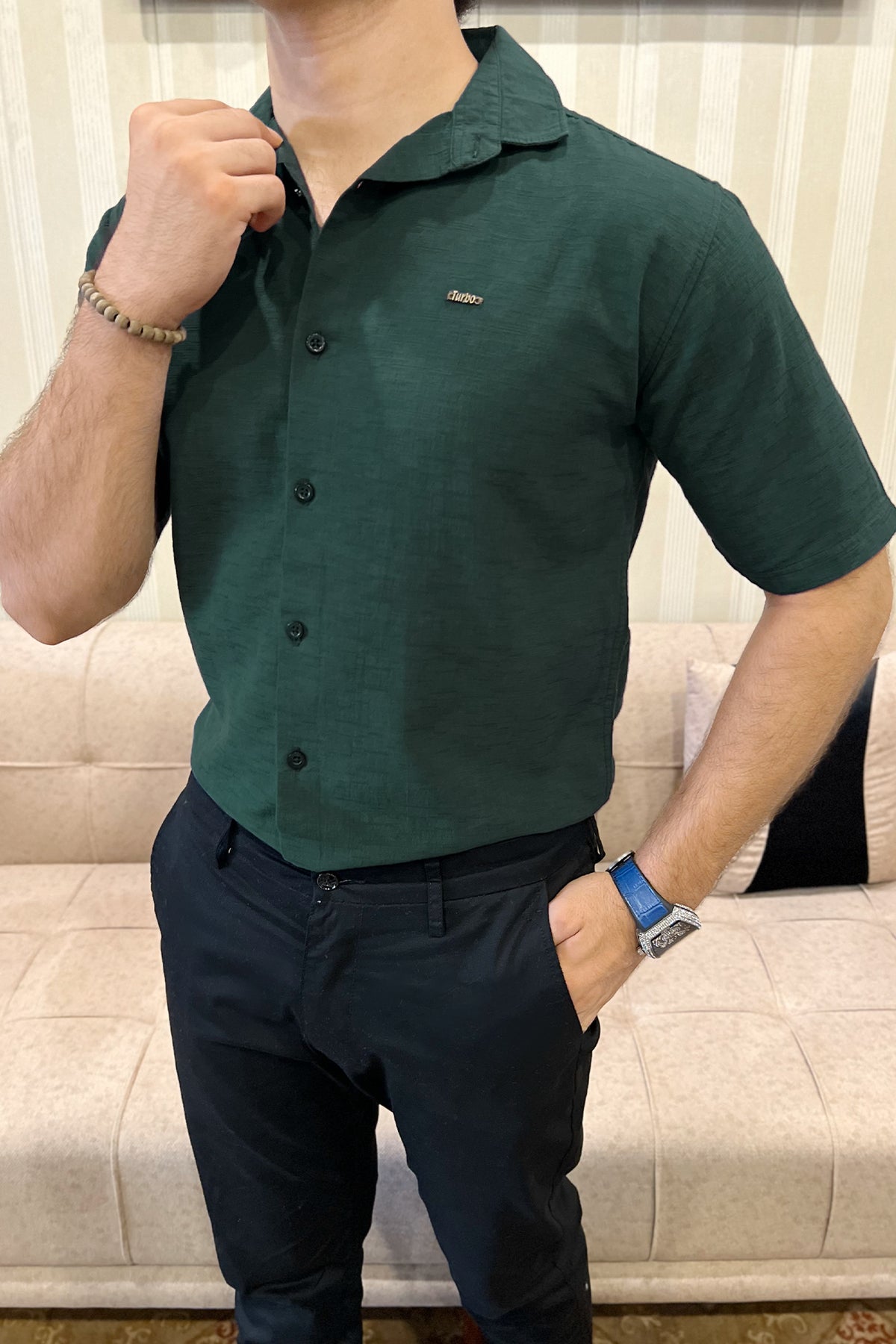 Turbo Textured Relaxed Fit Casual Shirt In Dark Green