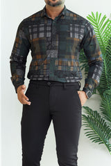 Turbo Checkered Crown Long Sleeve Cotton Casual Shirt In Dark Green