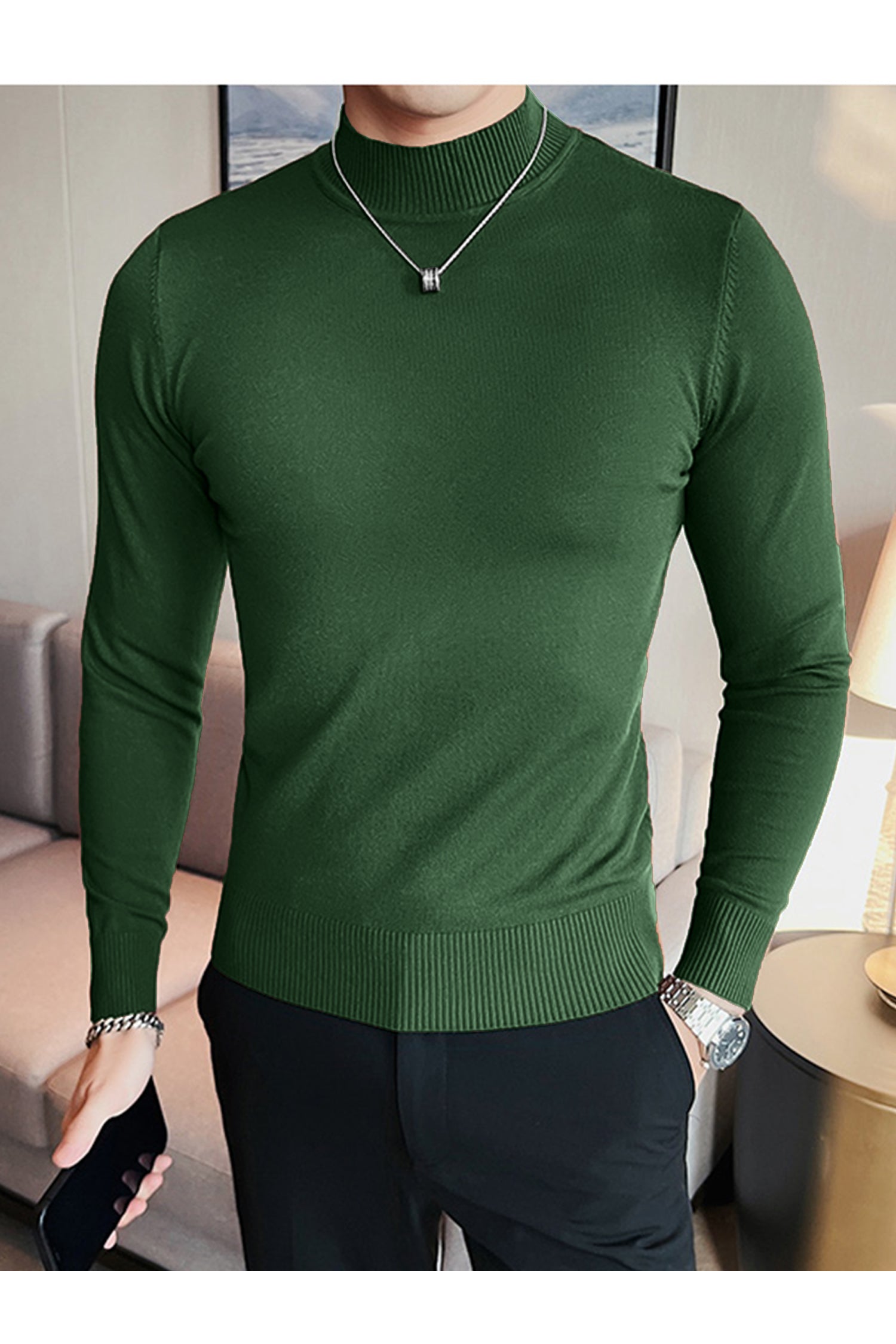 Pure Color Mock Neck Full Sleeves Men's Sweatshirt In Dark Green