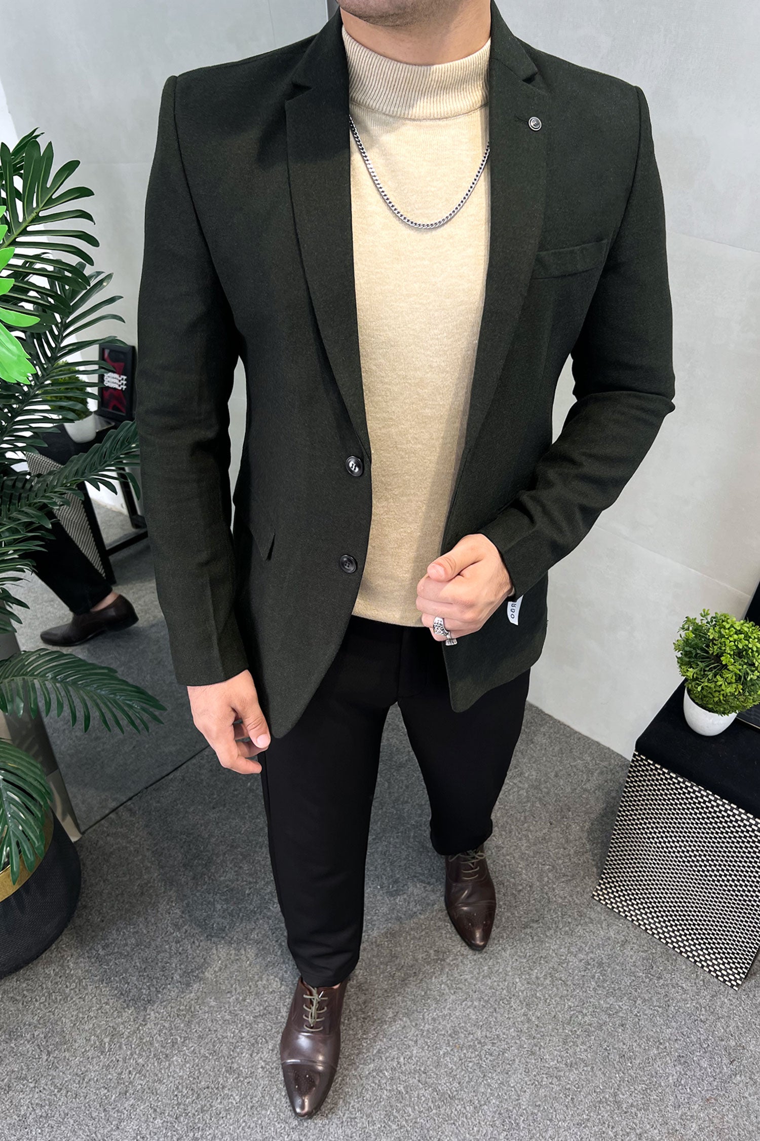 Turbo Non-Patterned Plain Imported Men Blazer In Dark Green