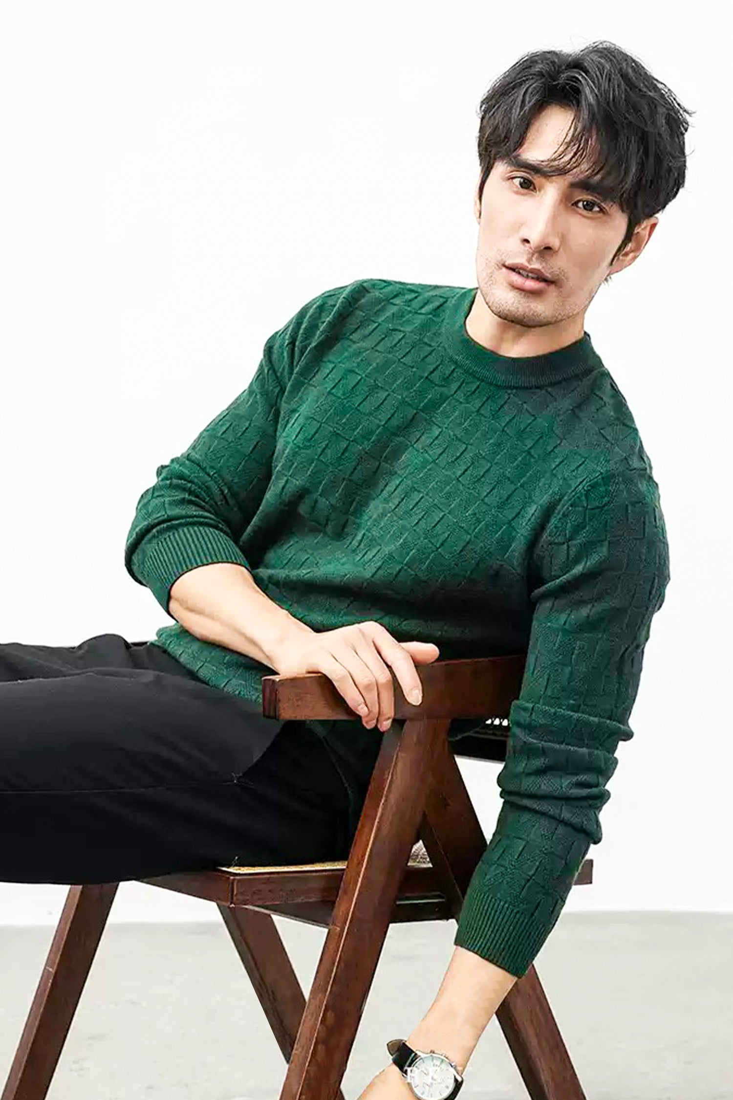 Power Look Patterened Crew-Neck Imported Men's Sweater