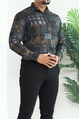 Turbo Checkered Crown Long Sleeve Cotton Casual Shirt In Dark Green