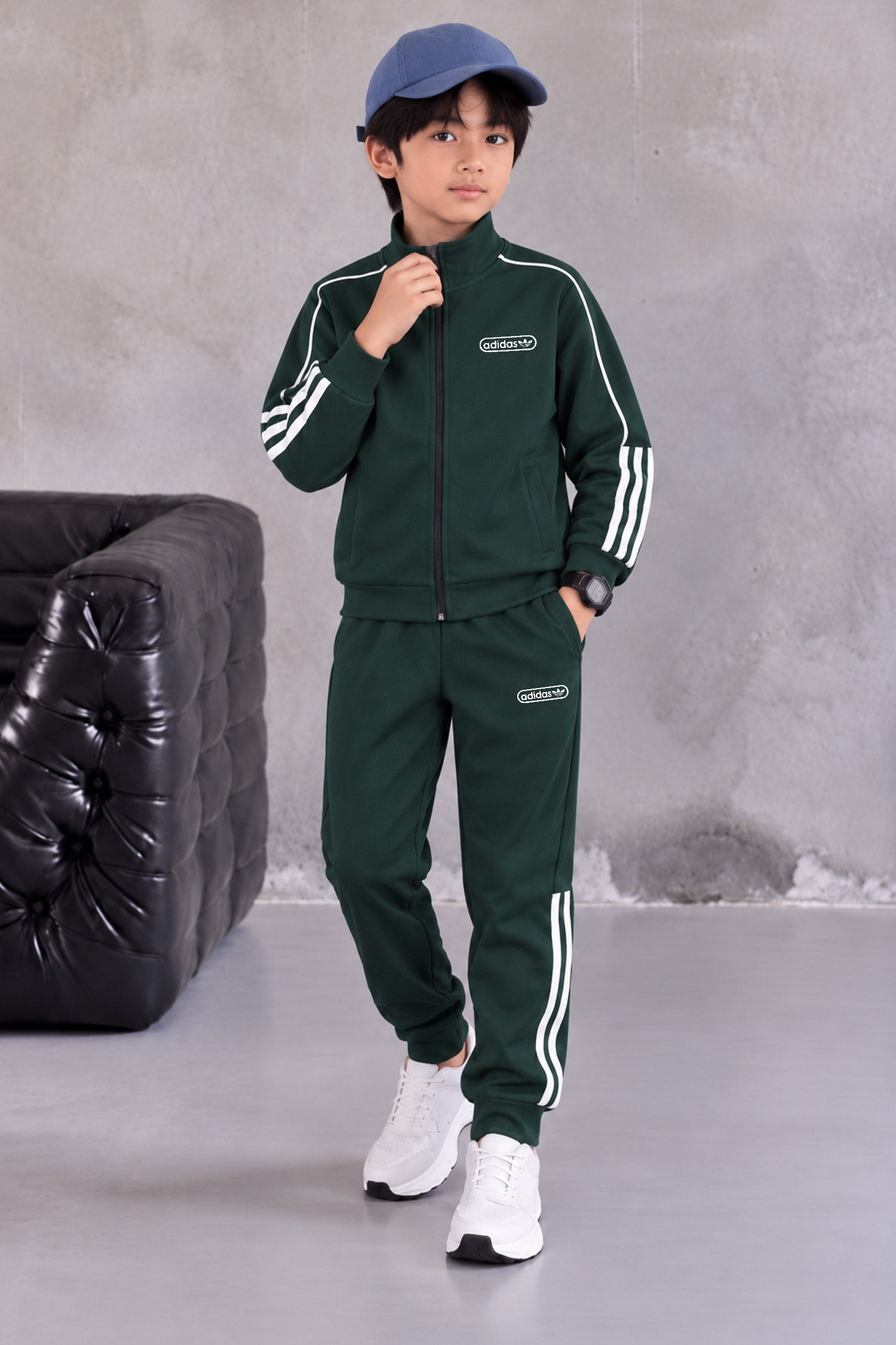 Adds Classic-Retro Lining Zipper Kid's Co-Ord Set In Dark Green