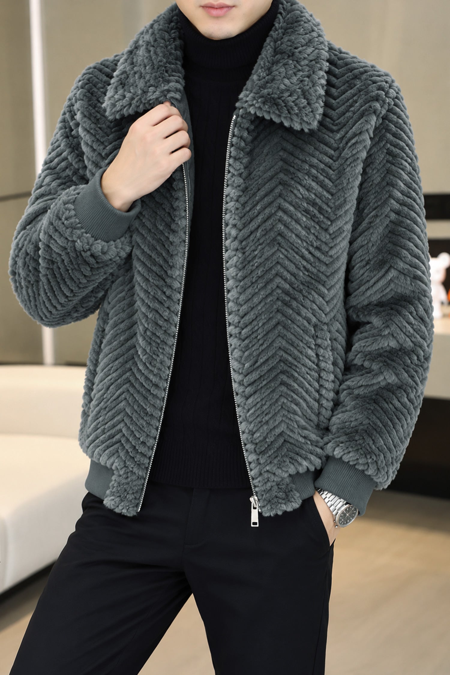 Turbo Cozy V-Texture Collared Imported Men's Fur Jacket In Dark Grey