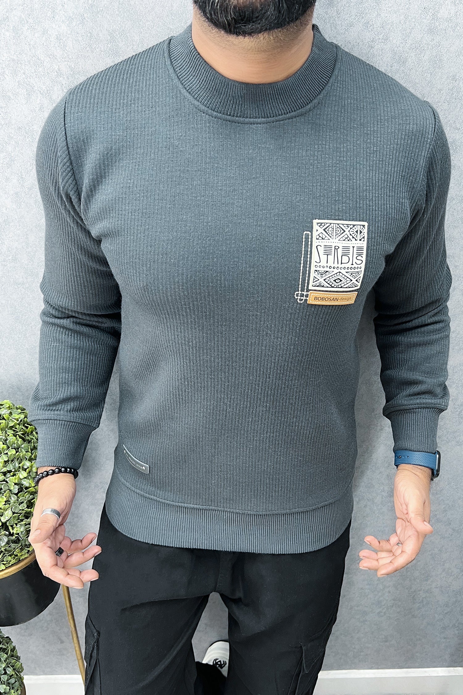 Lining Texture Round Neck Imported Men's Sweatshirt