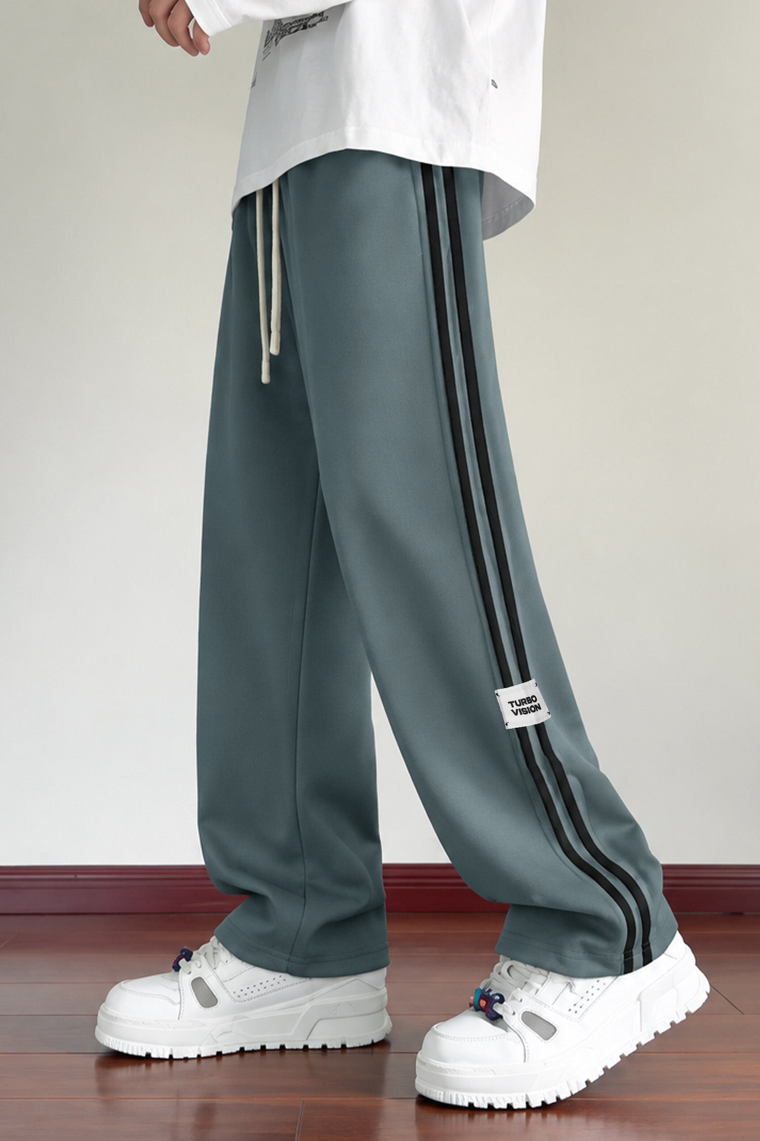 Turbo Side Stripe Drawstring Loose Bottom Trouser In Dark Grey