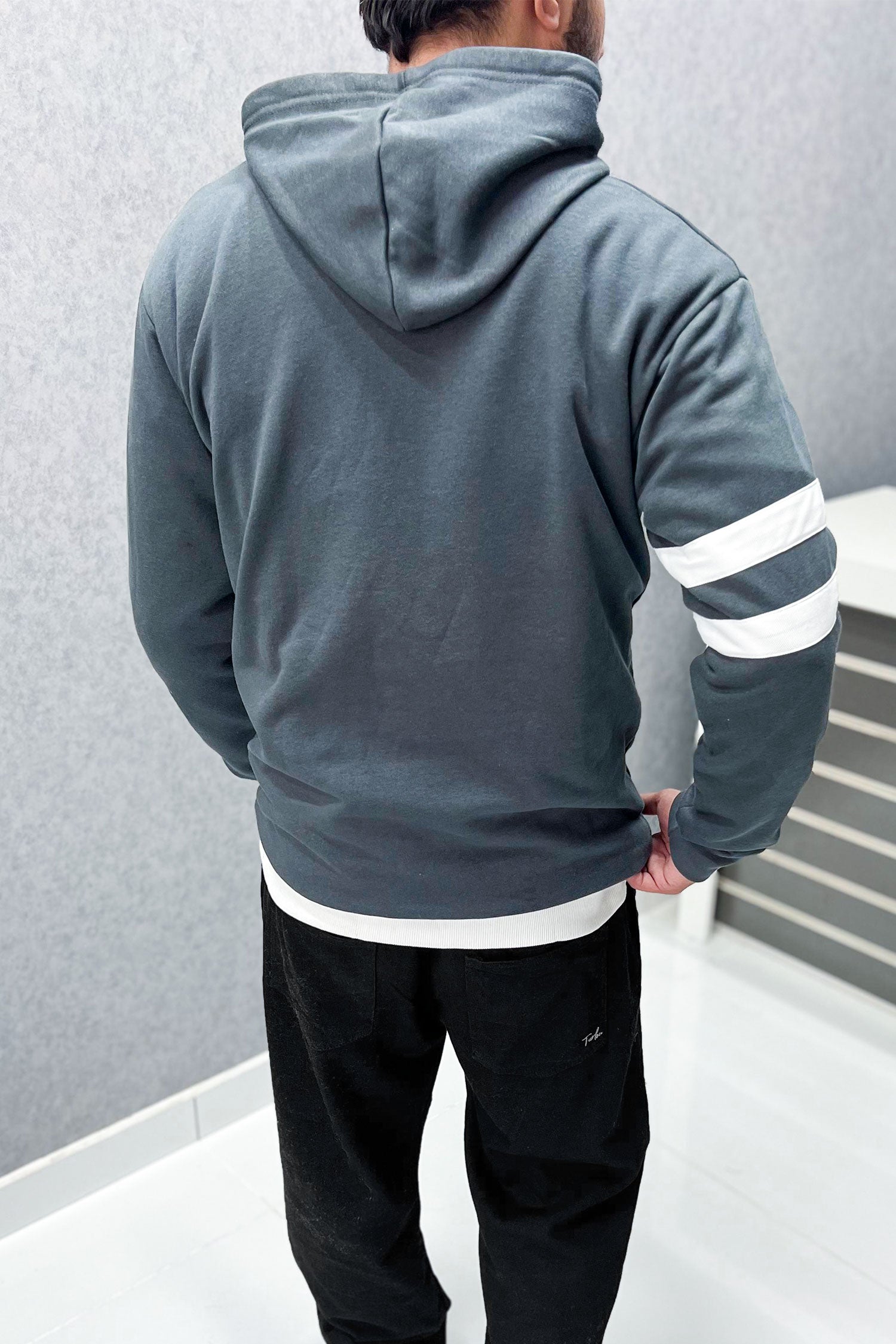 Turbo Elbow Panel Stripe Fleece Hoodie In Dark Grey