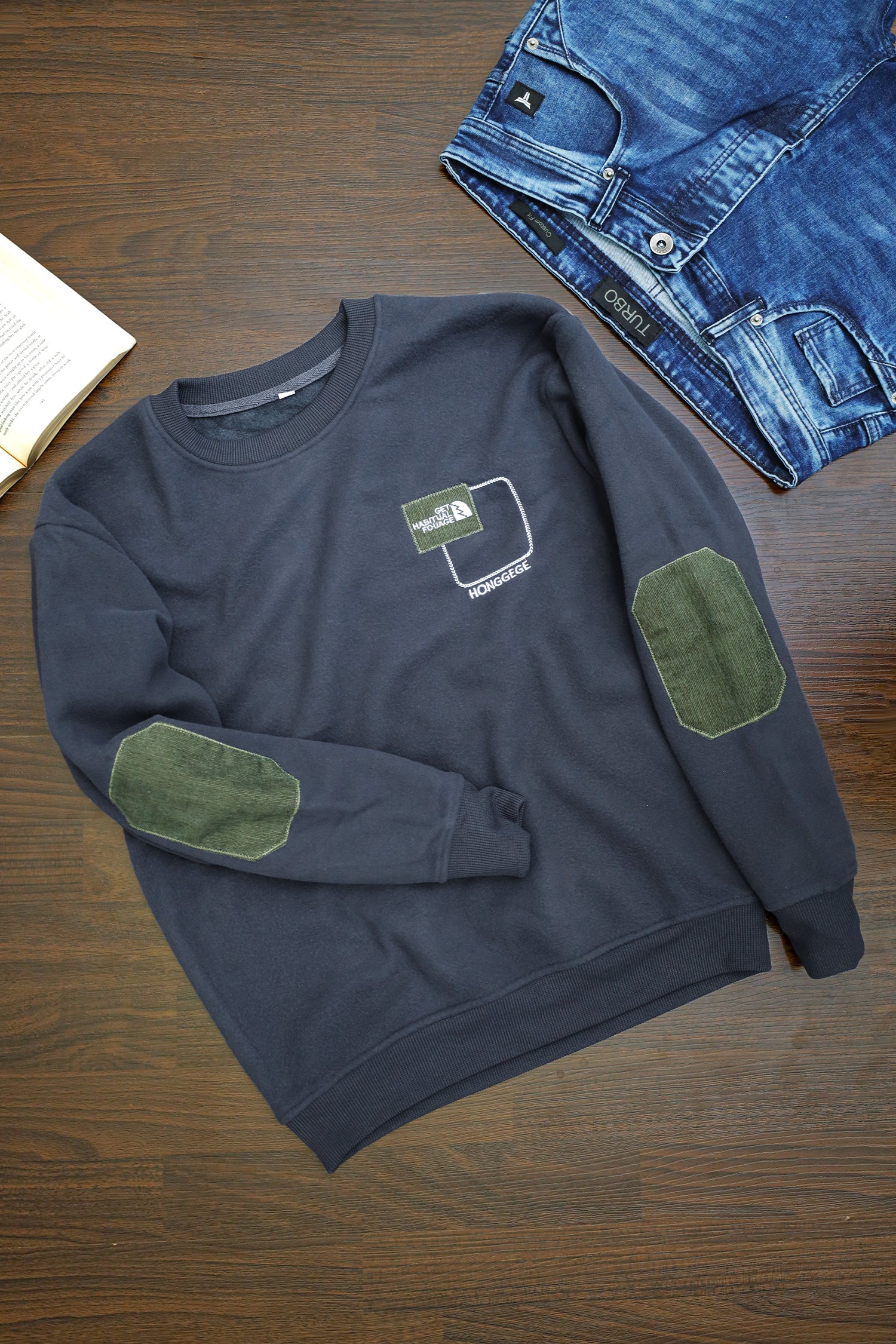 Patch Arm Design Round Neck Imported Men's Sweatshirt In Dark Grey