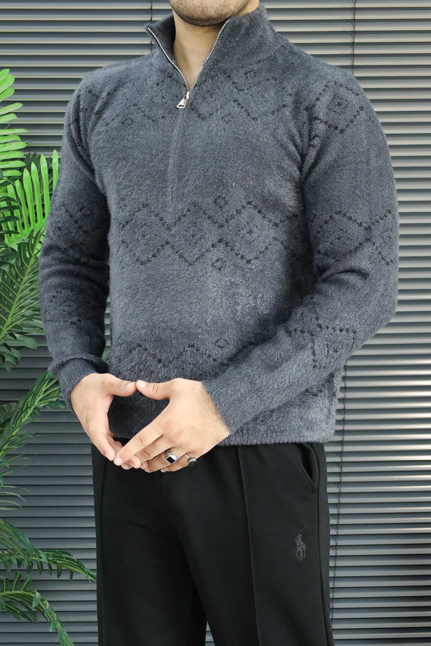 Men's Geometric Pattern Half-Zip Knit Imported Rabbit Wool Men's Sweater In Dark Grey