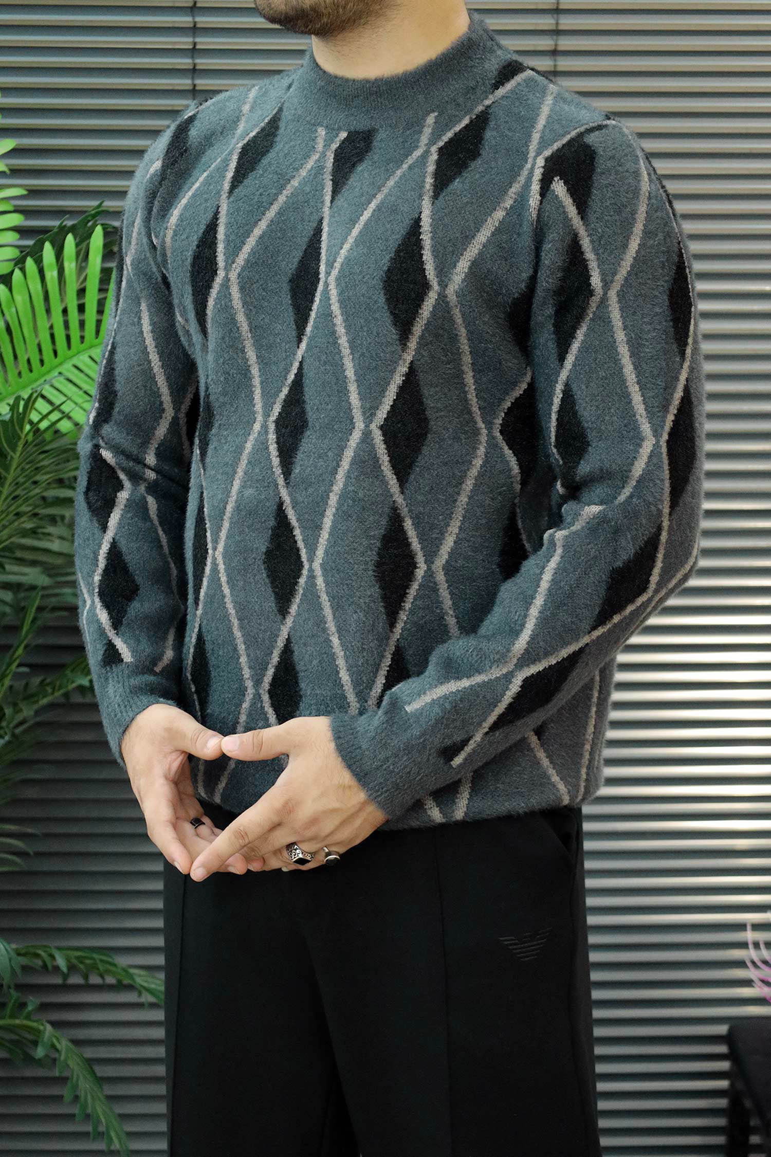 Diamond-Cut Pattern Imported Round Neck Rabbit Wool Men's Sweater In Dark Grey
