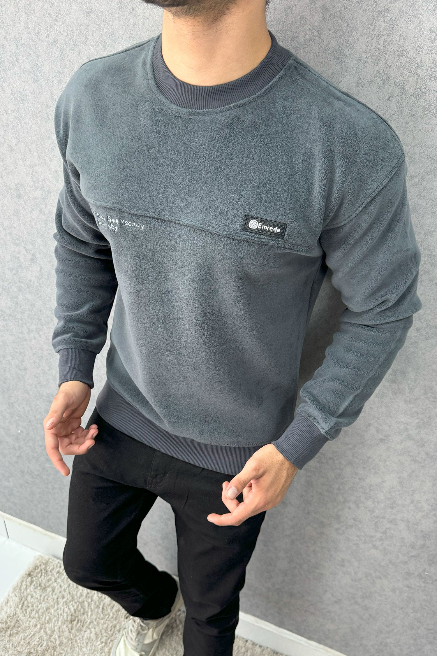 Stitch Motif Round Neck Imported Men's Sweatshirt