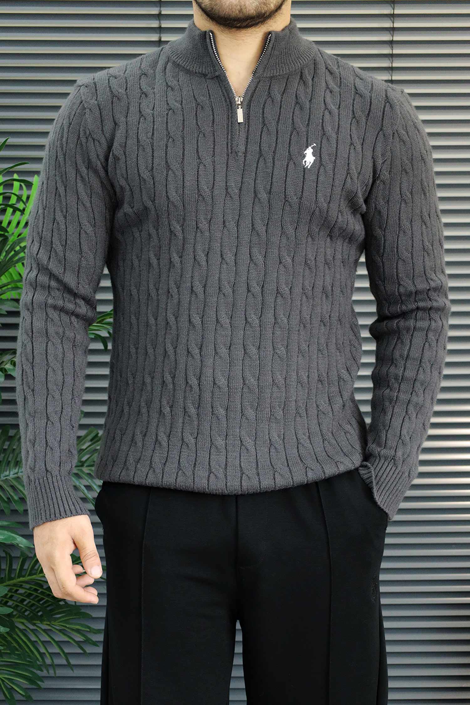 Polo Cable Crew Texture Half-Zip Imported Men's Jumper Sweater In Dark Grey