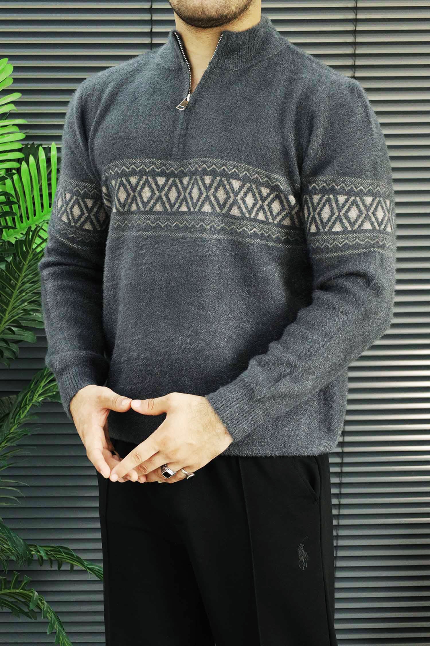 Men's Chunky Half Zipper Knit Imported Rabbit Wool Men's Sweater In Dark Grey