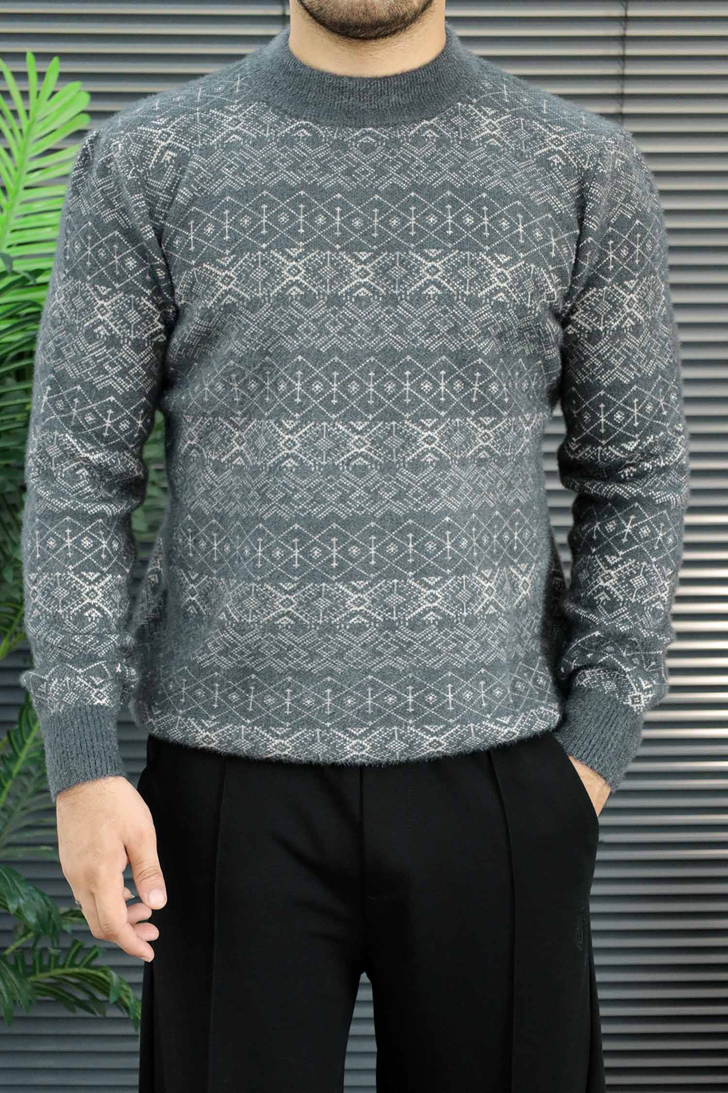 Aesthetic Geometric Patterned  Imported Round Neck Rabbit Wool Men's Sweater In Dark Grey