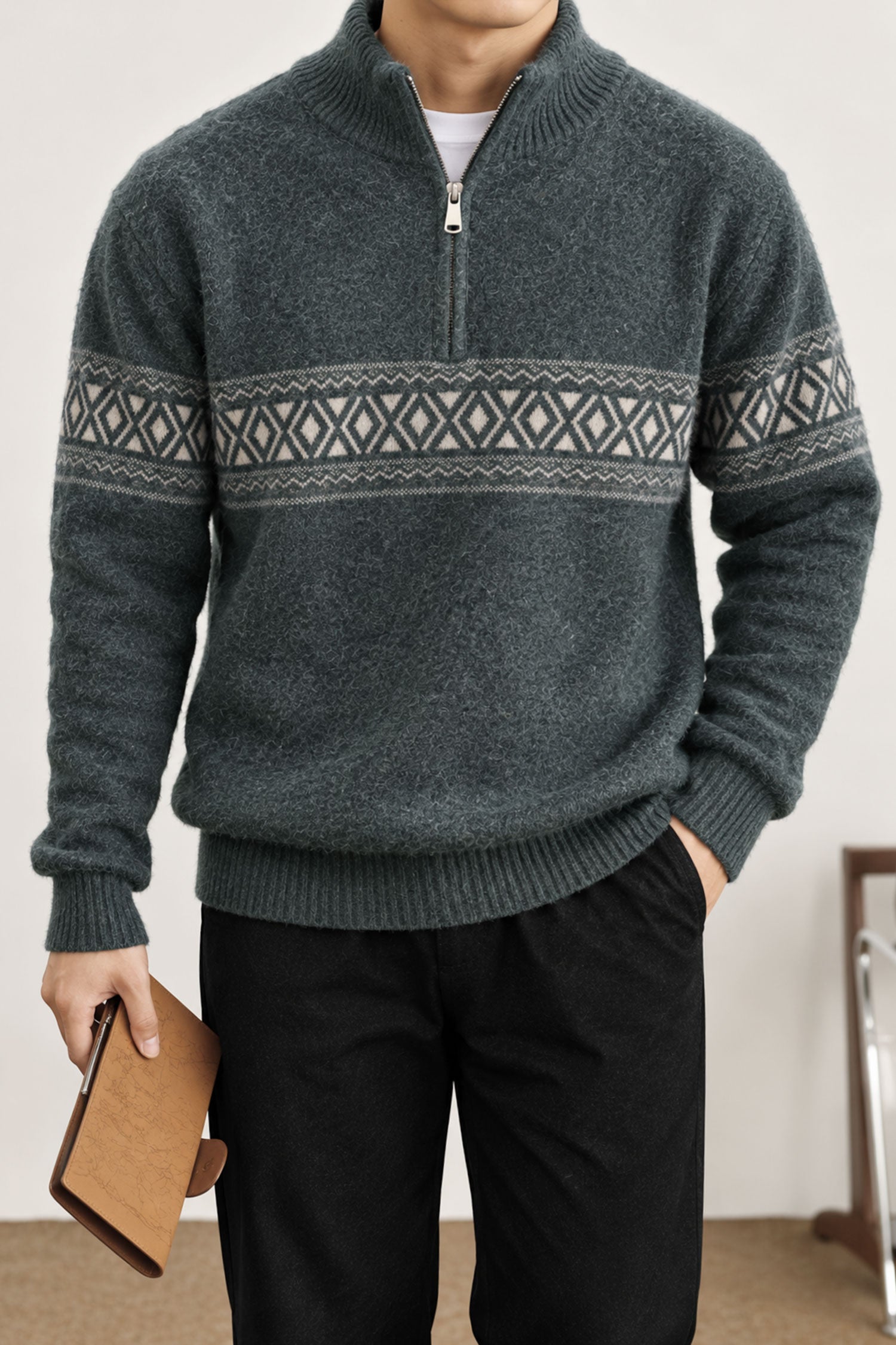 Men's Chunky Half Zipper Knit Imported Rabbit Wool Men's Sweater In Dark Grey