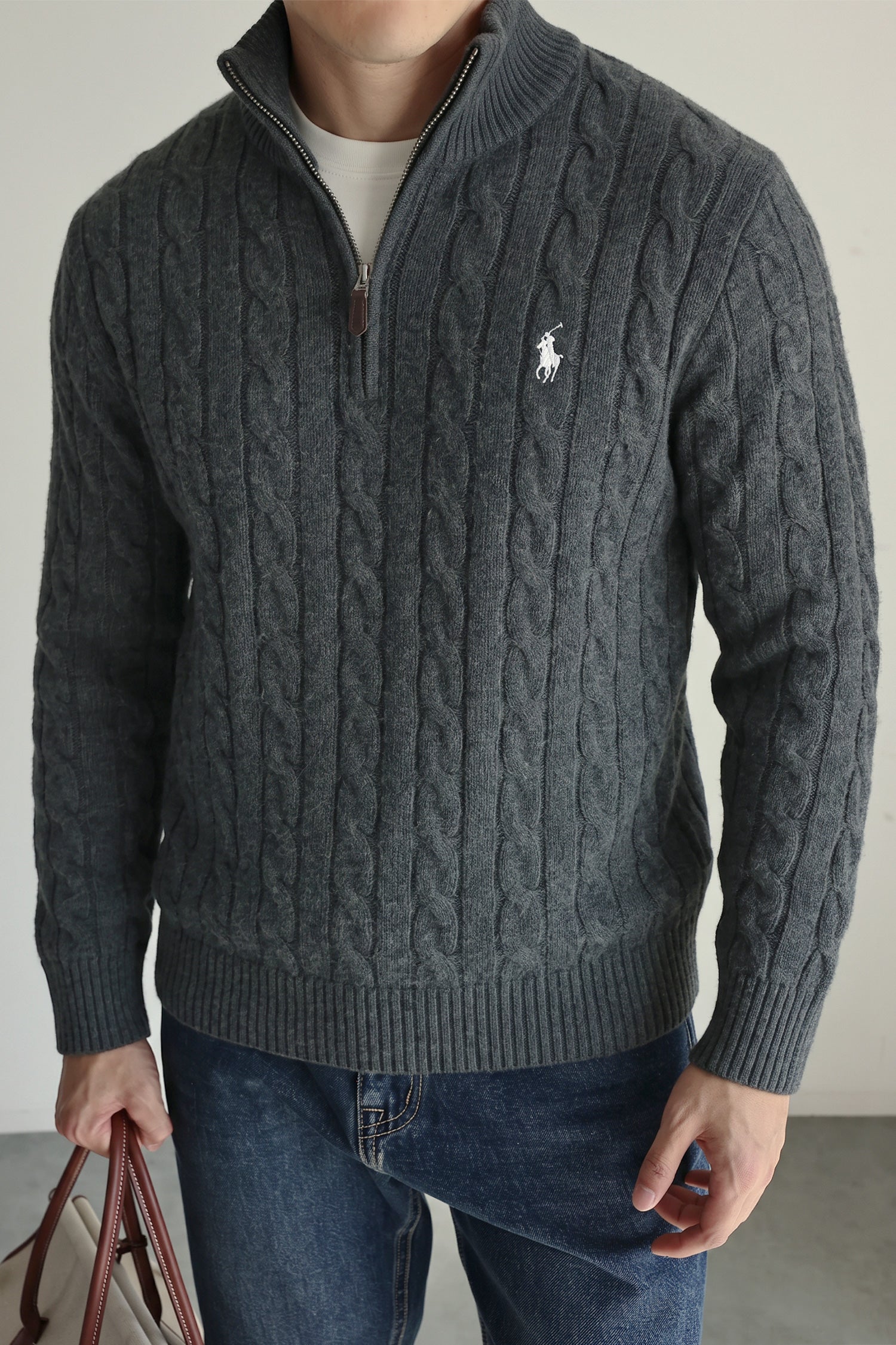 Polo Cable Crew Texture Half-Zip Imported Men's Jumper Sweater In Dark Grey