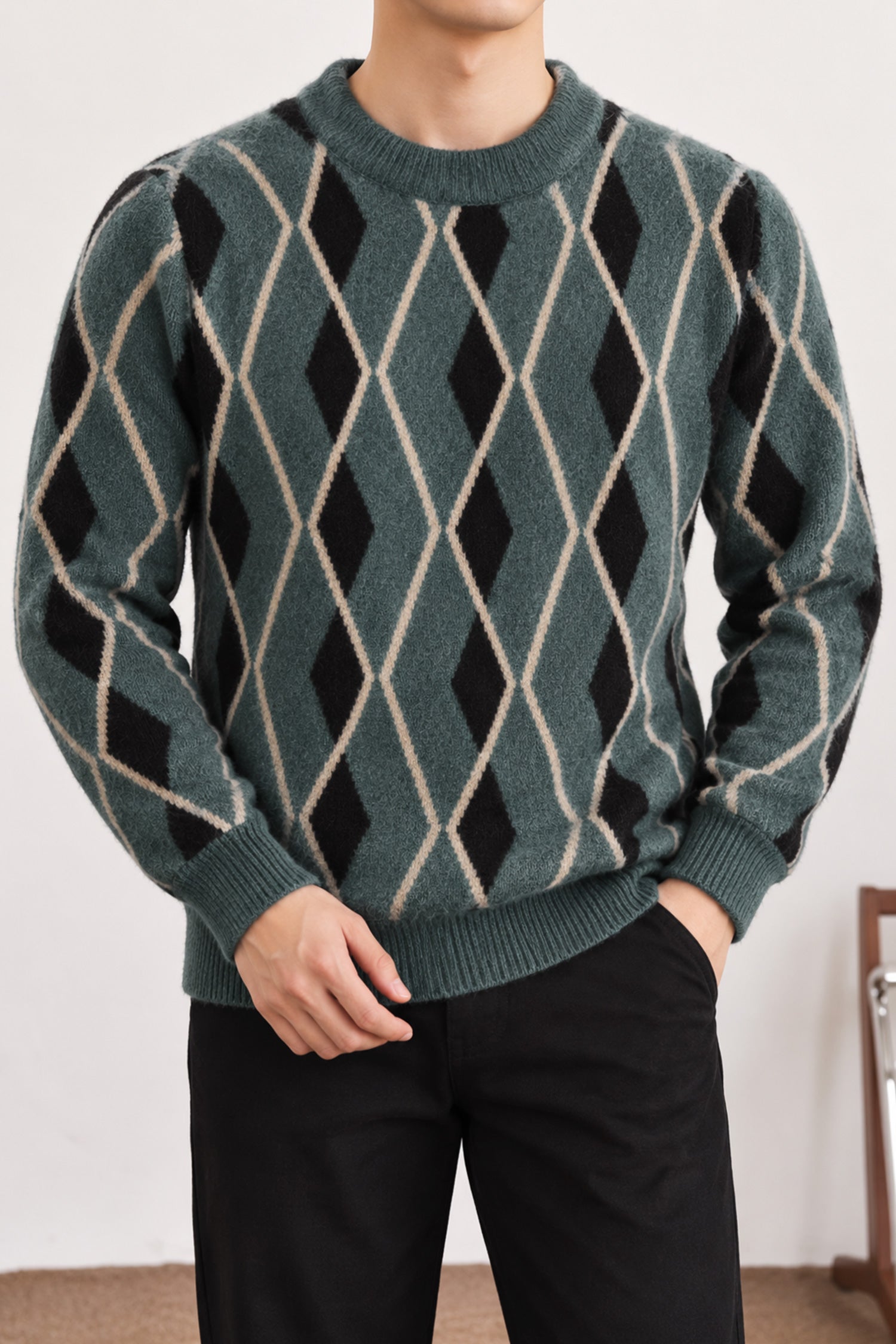 Diamond-Cut Pattern Imported Round Neck Rabbit Wool Men's Sweater In Dark Grey