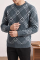 Checkered Plaid Pattern Imported Round Neck Rabbit Wool Men's Sweater
