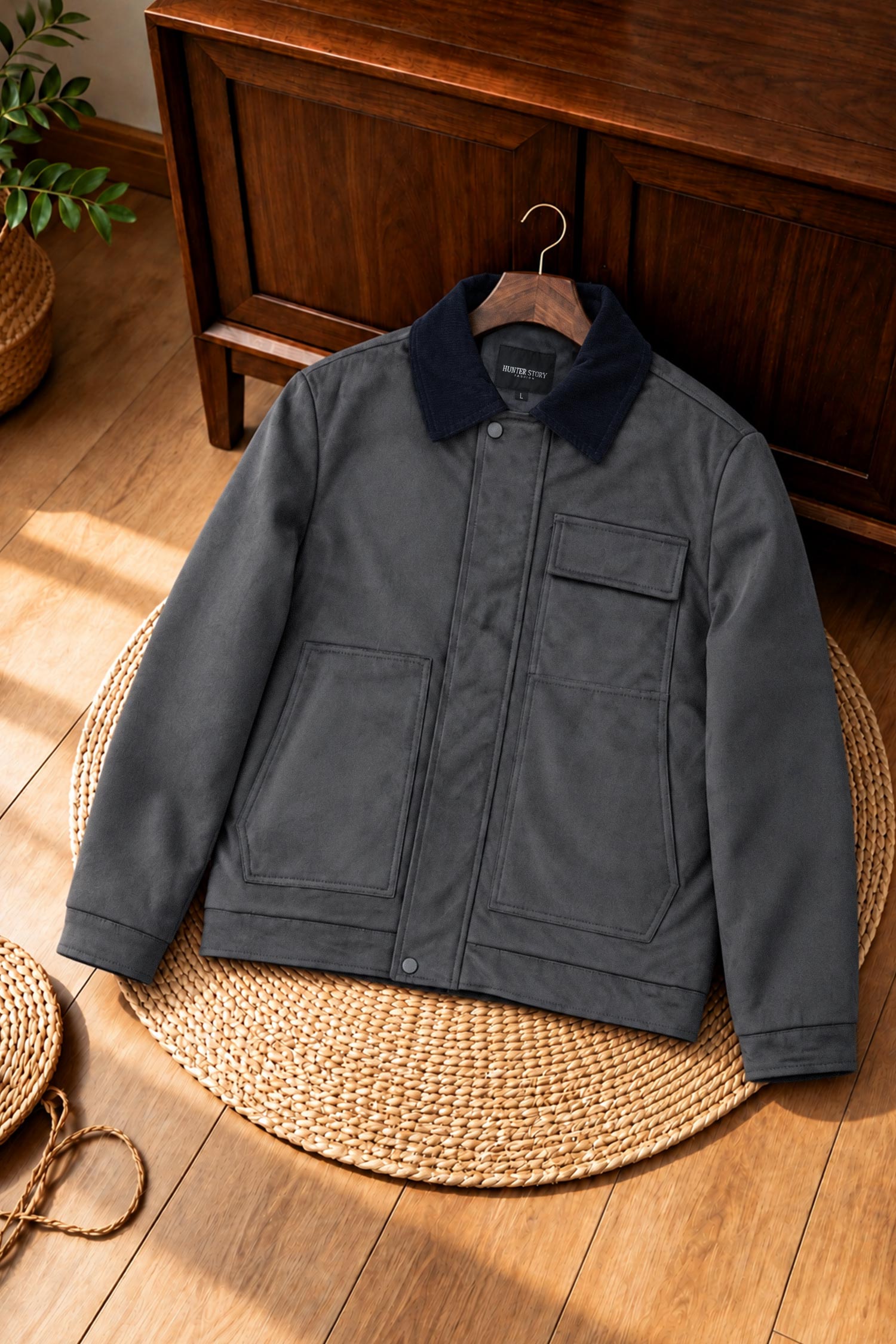 Turbo Quilted Corduroy Collar Imported Men's Suede Jacket In Dark Grey