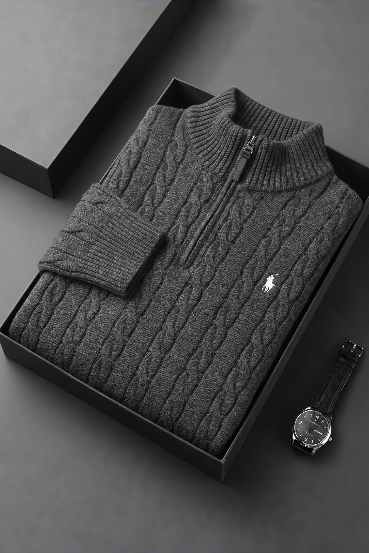 Polo Pony Half-Zip Cable Knit Texture Imported Men's Jumper Sweater In Dark Grey