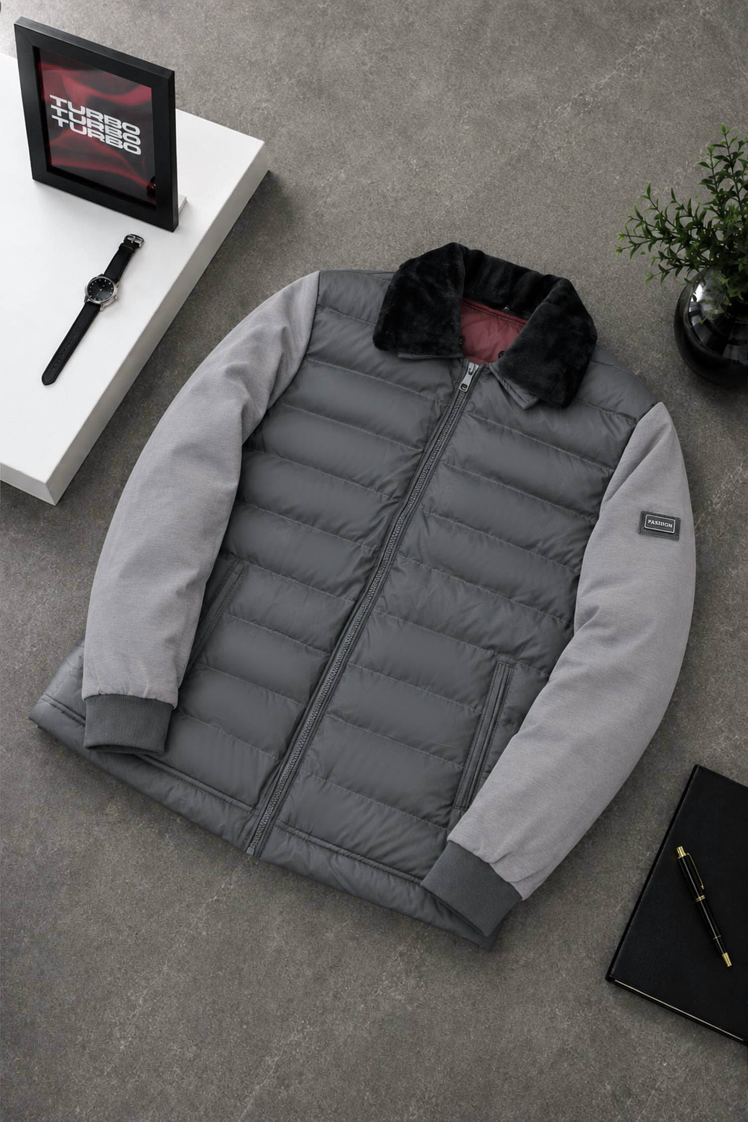 Men's Quilted Bomber Imported Pu Puffer Jacket In Dark Grey